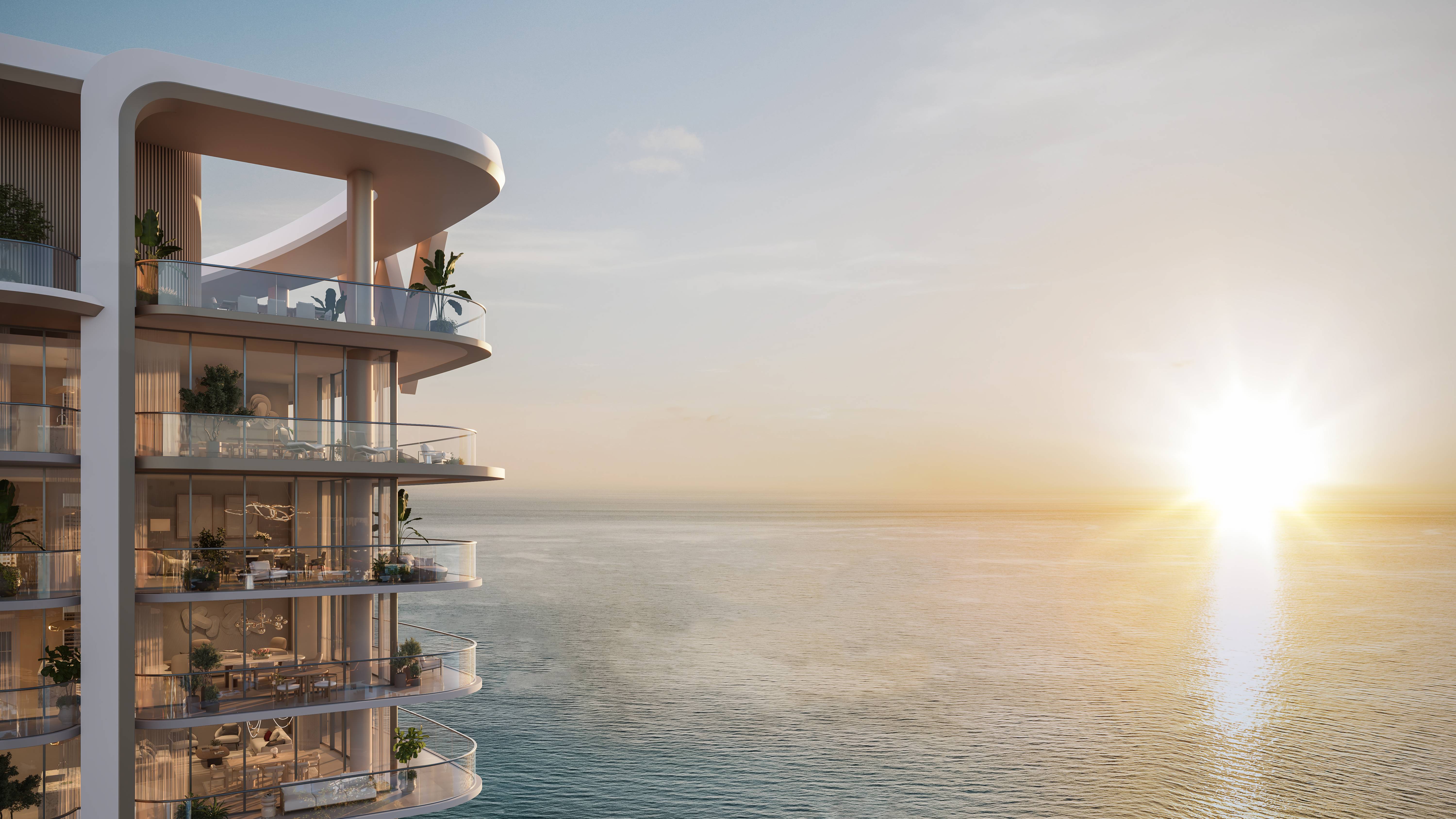 W Pompano Beach Residences oceanfront condos at sunset in Pompano Beach, showcasing luxury and ultra luxury preconstruction living. Featuring modern and condo.