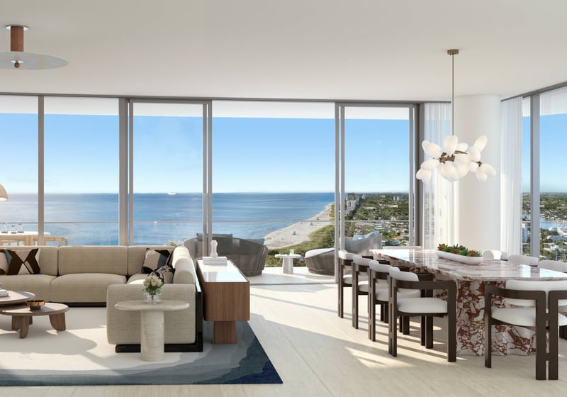 W Pompano Beach Residences modern oceanfront living room interior, luxury and ultra luxury preconstruction condos design.