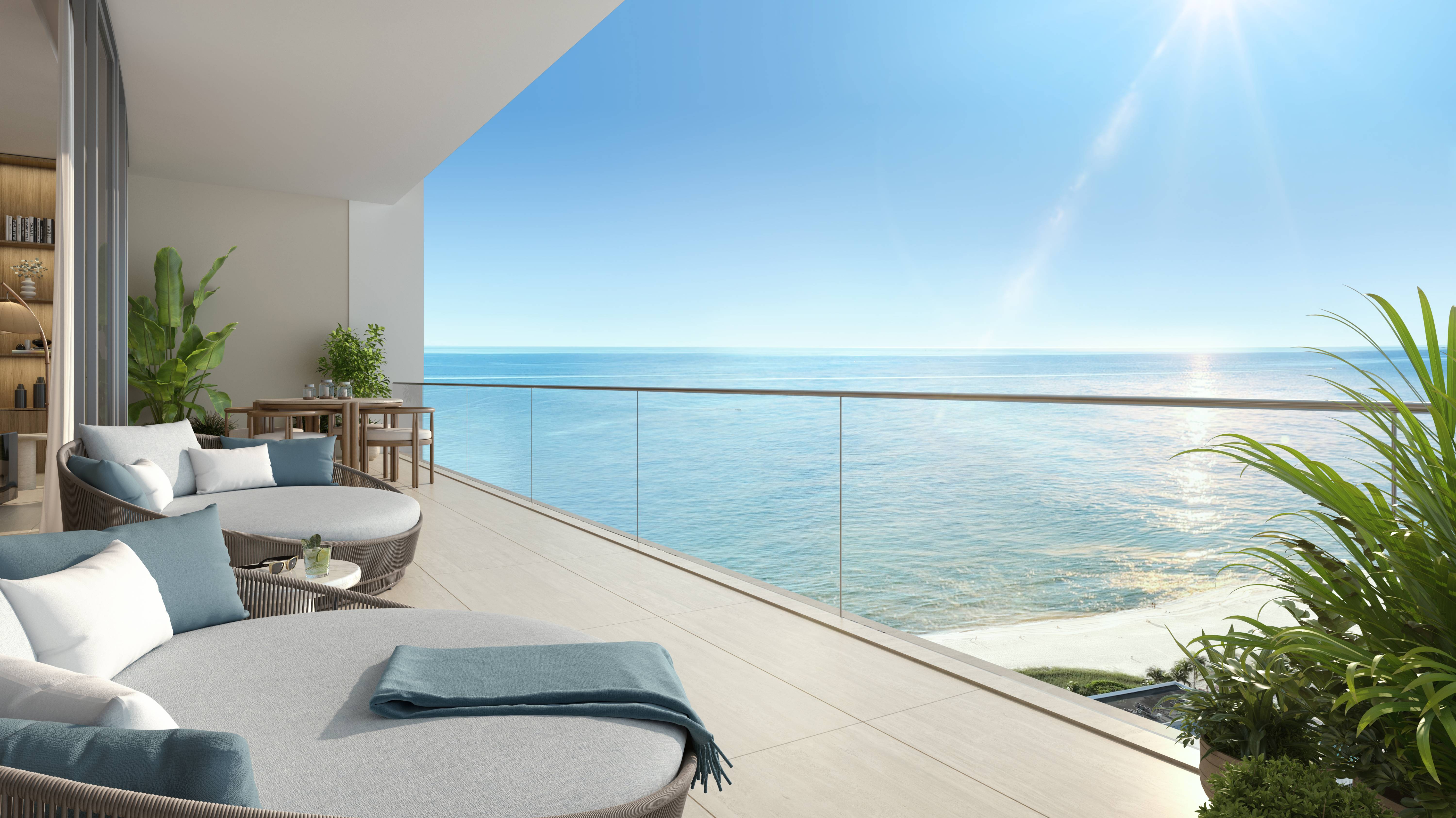 W Pompano Beach Residences oceanview balcony lounge, showcasing luxury and ultra luxury preconstruction condos outdoor space.