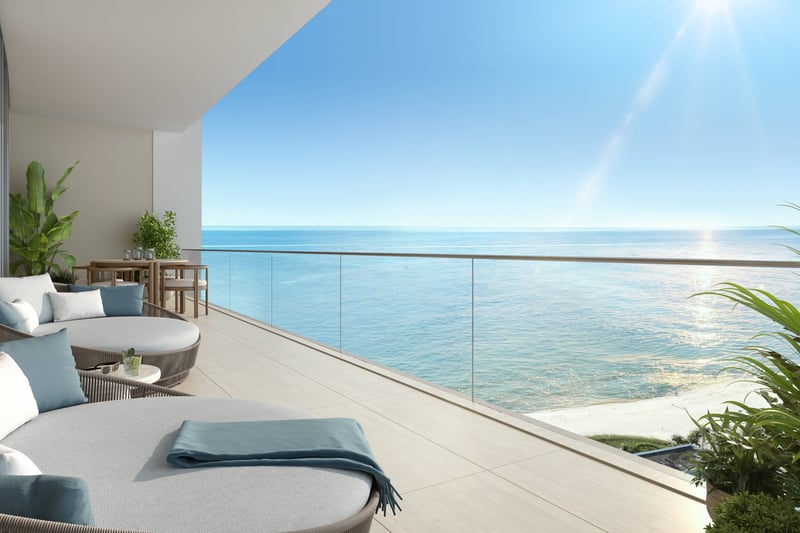 W Pompano Beach Residences oceanview balcony lounge, showcasing luxury and ultra luxury preconstruction condos outdoor space.