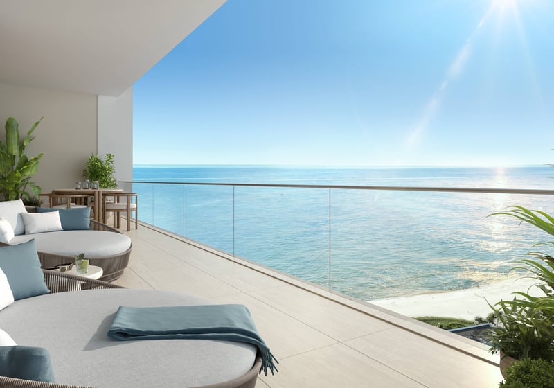 W Pompano Beach Residences oceanview balcony lounge, showcasing luxury and ultra luxury preconstruction condos outdoor space.