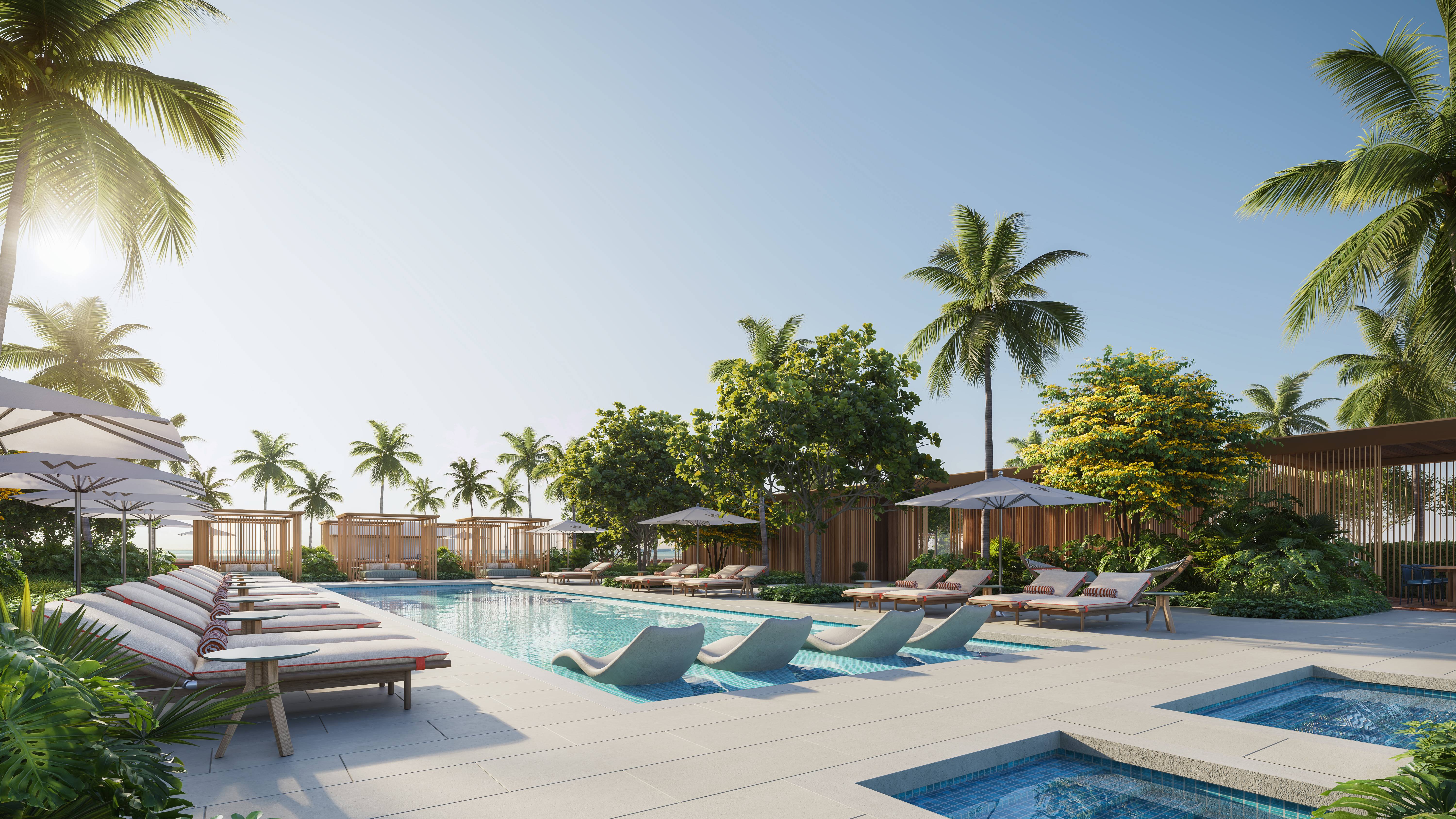 W Pompano Beach Residences tropical poolside resort scene, luxury and ultra luxury preconstruction condos amenities by the ocean.
