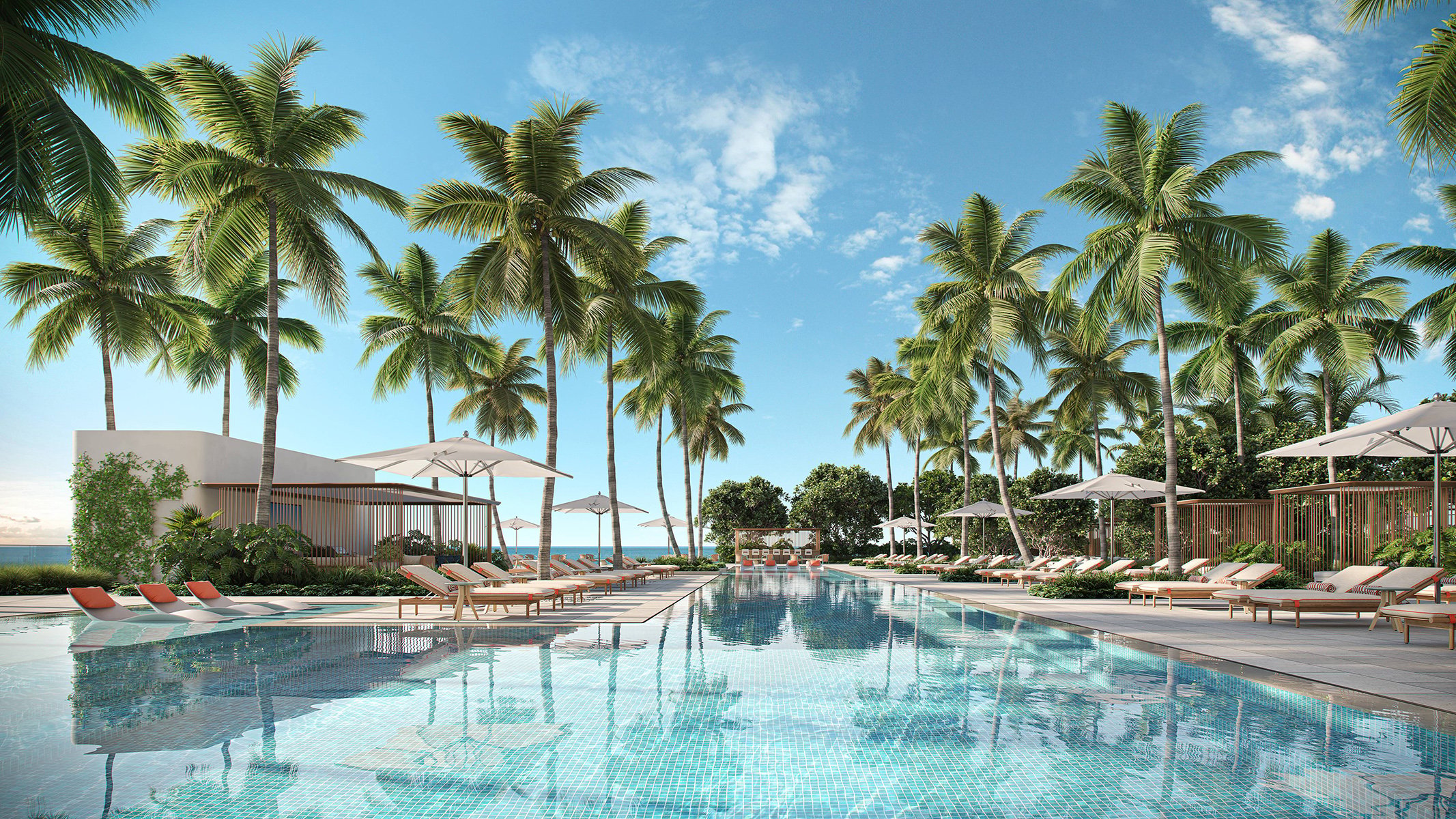 W Pompano Beach Residences tropical resort pool view, highlighting luxury and ultra luxury preconstruction condos lifestyle.