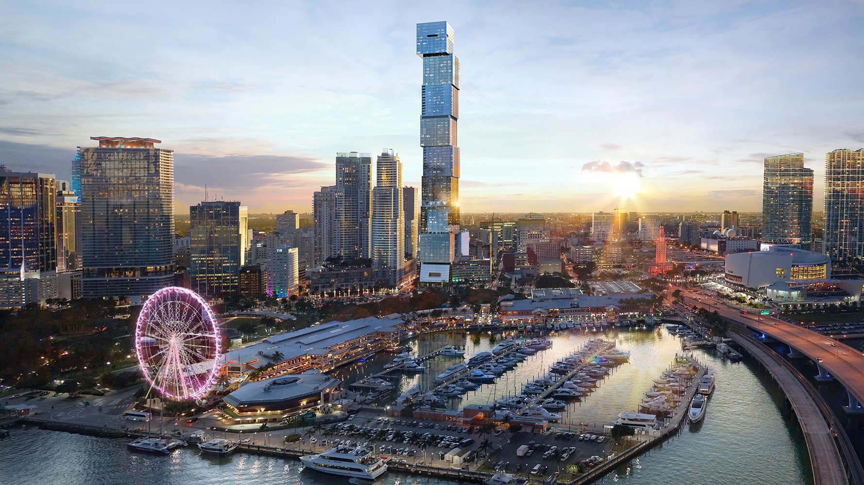 Waldorf Astoria Residences Miami, Downtown cityscape at sunset with Ferris wheel and marina, iconic luxury and ultra luxury condos; preconstruction.