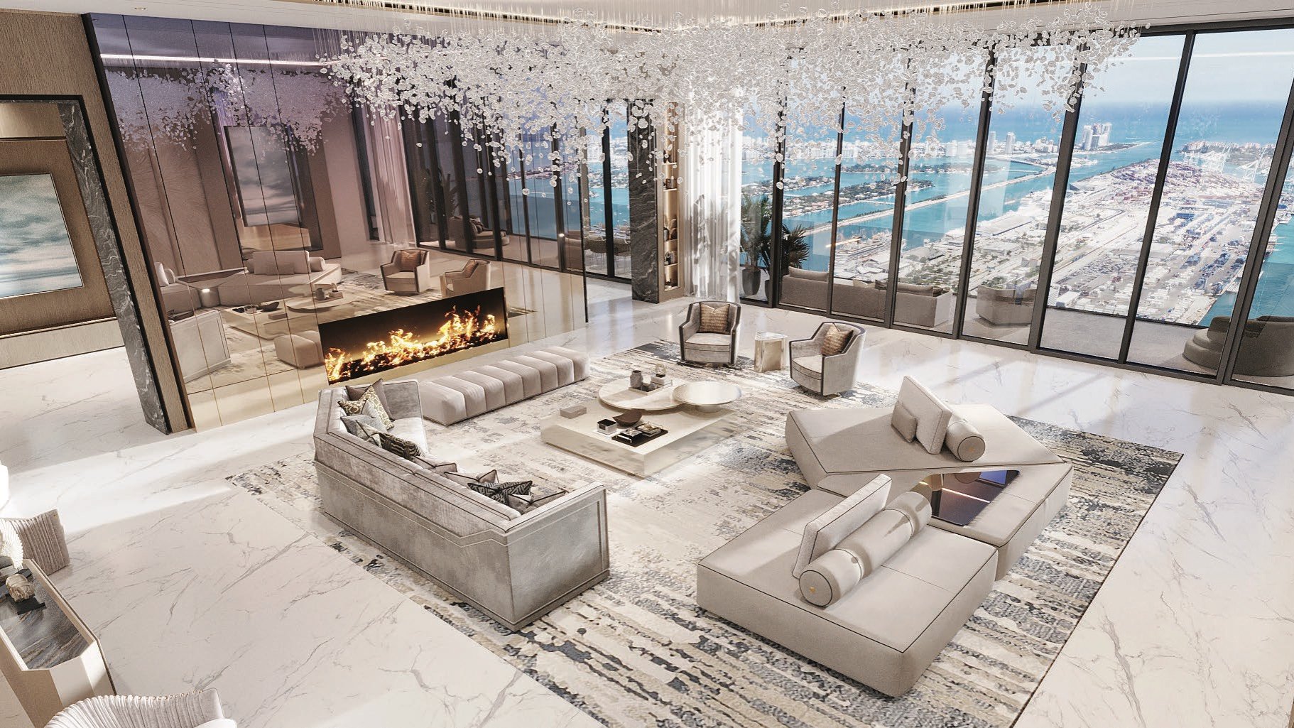 Waldorf Astoria Residences Miami, Downtown modern living room with ocean view—sky‑high luxury and ultra luxury condos; preconstruction.