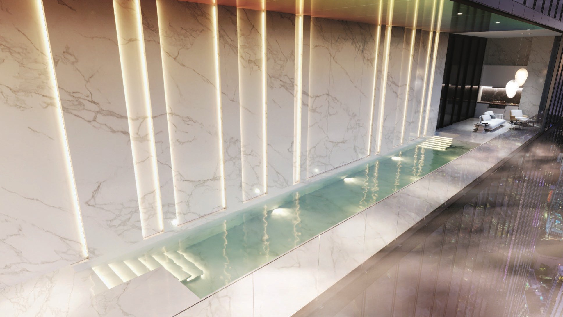 Waldorf Astoria Residences Miami, Downtown infinity pool on the skyscraper podium—resort amenities for luxury and ultra luxury condos; preconstruction.