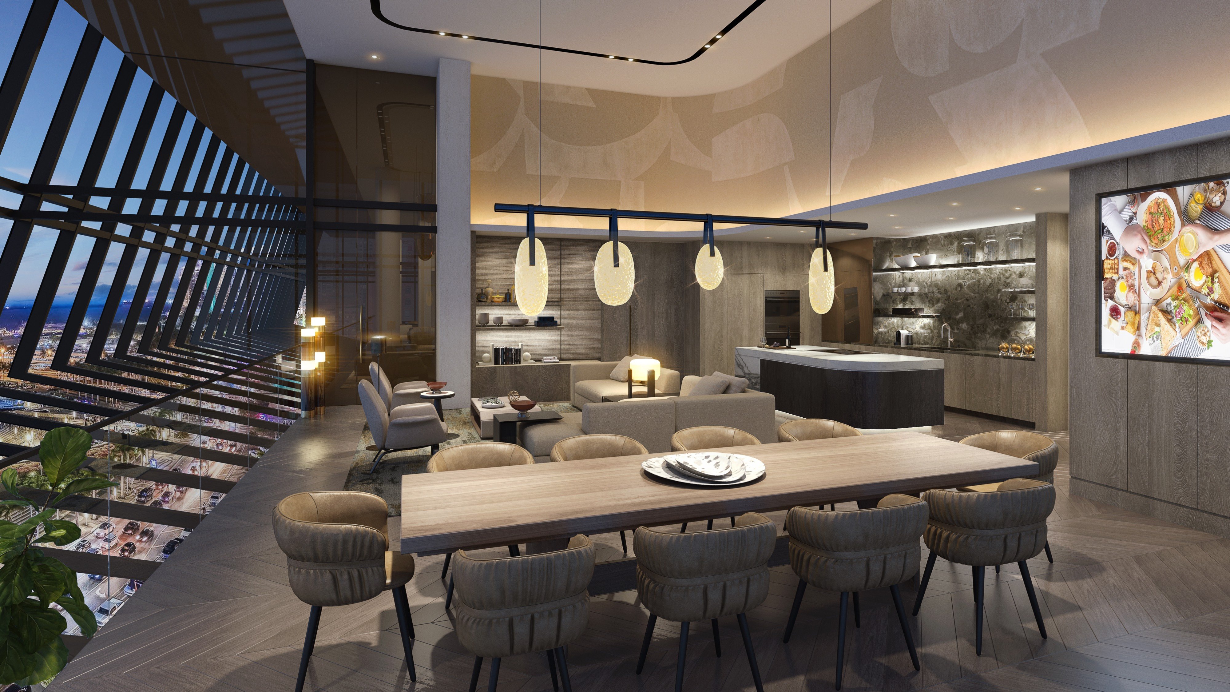 Waldorf Astoria Residences Miami, Downtown dining room and modern kitchen, refined interiors for luxury and ultra luxury condos; preconstruction. Featuring interior.