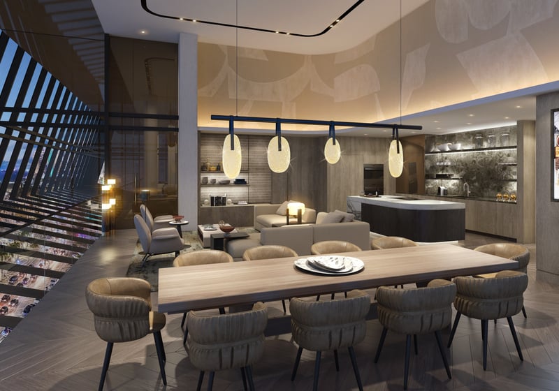 Waldorf Astoria Residences Miami, Downtown intimate dining space with skyline glow, urban luxury and ultra luxury condos; preconstruction. Featuring interior.