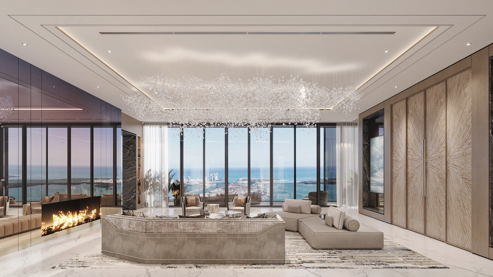 Waldorf Astoria Residences Miami, Downtown living room facing the ocean, expansive windows in luxury and ultra luxury condos; preconstruction. Featuring view.