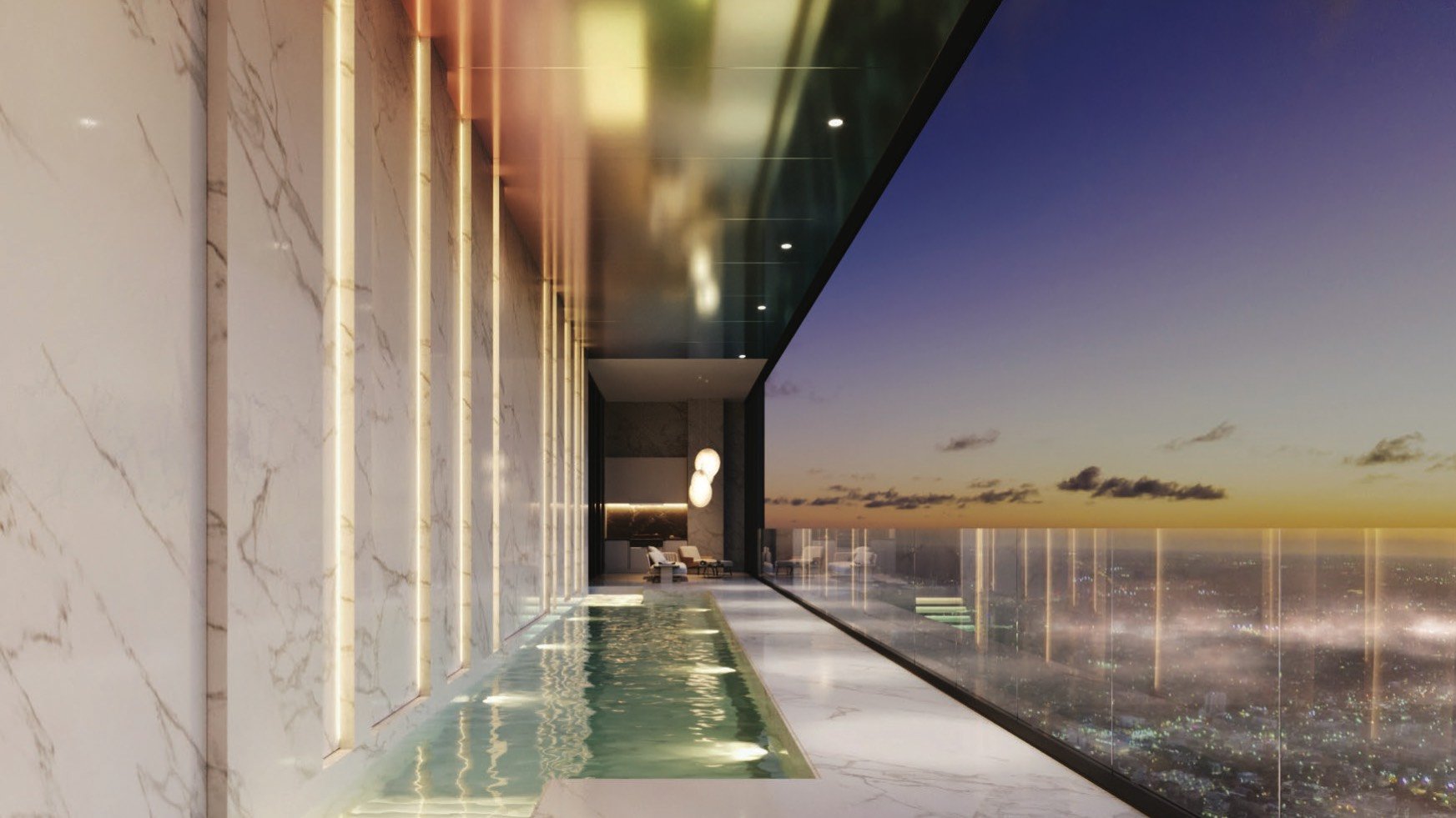 Waldorf Astoria Residences Miami, Downtown sunset pool with cityscape—statement amenities for luxury and ultra luxury condos; preconstruction.