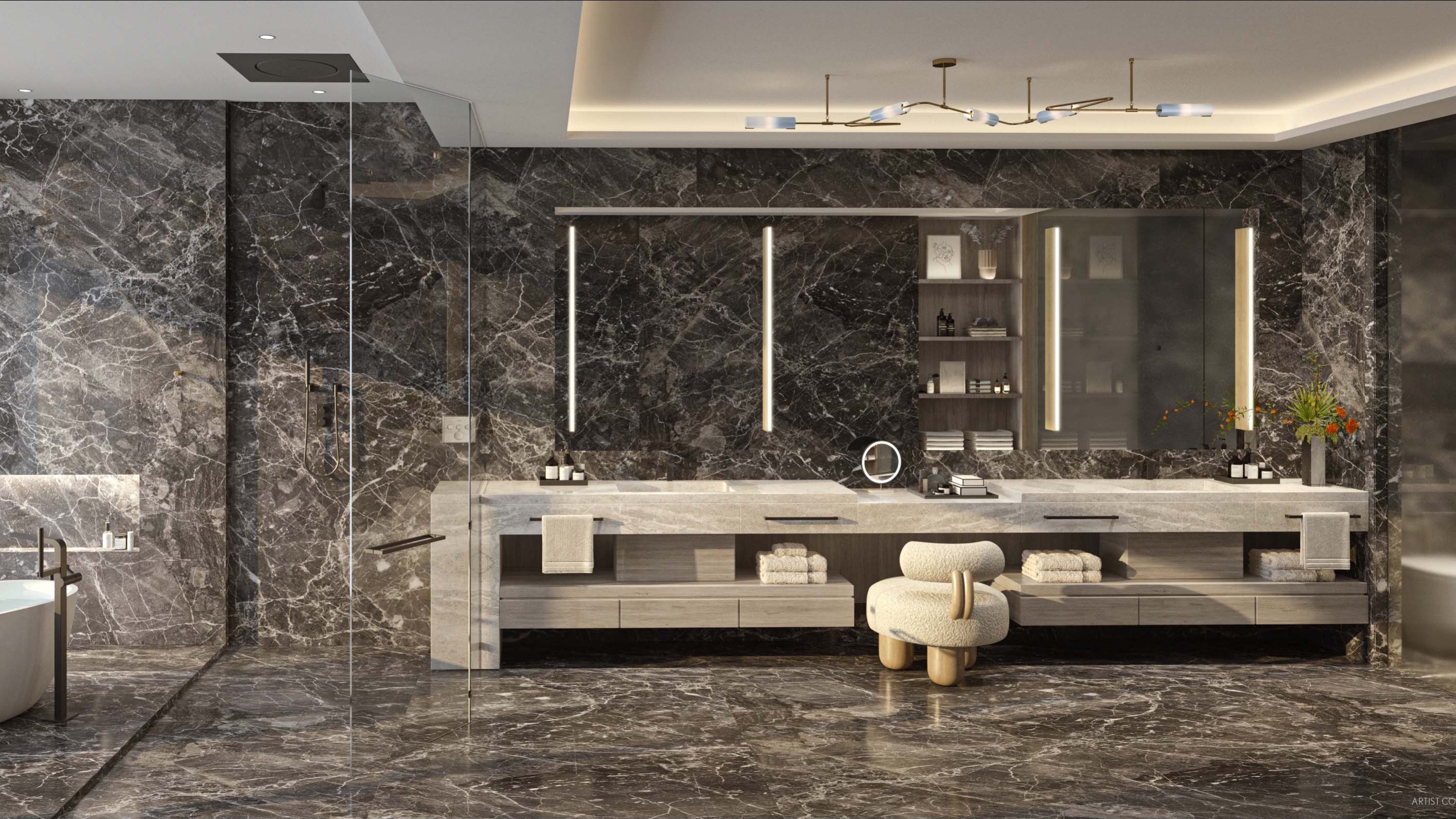 Waldorf Astoria Residences Miami, Downtown spa‑grade bathroom with stone, wood and city skyline, luxury and ultra luxury condos; preconstruction. Featuring modern interior design.