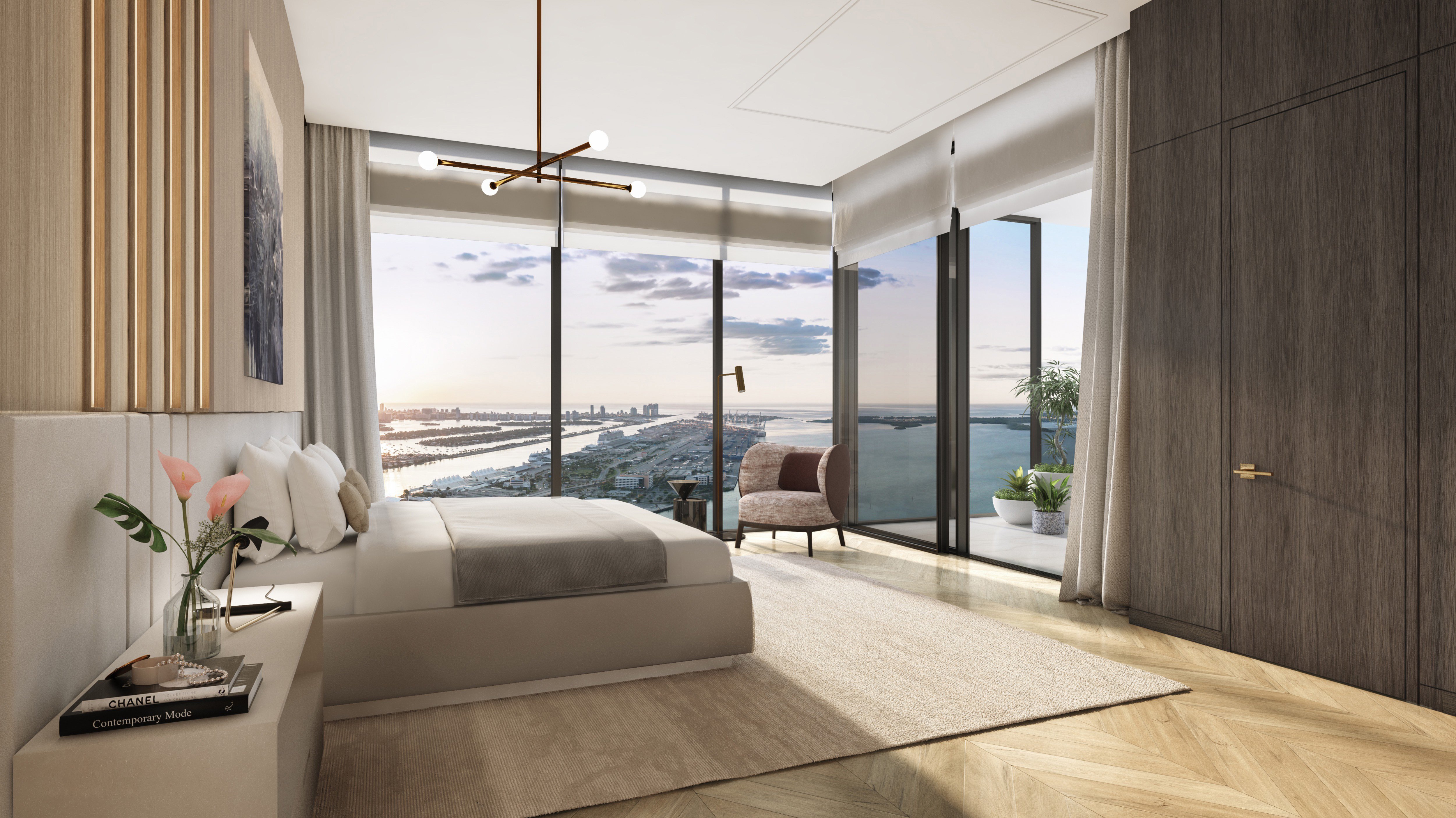 Waldorf Astoria Residences Miami, Downtown bedroom with sweeping city view and terrace, ultra luxury and luxury condos; preconstruction. Featuring modern.