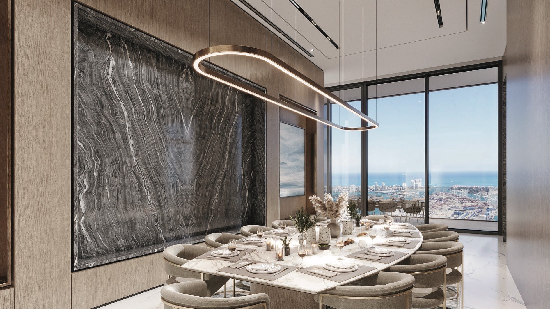 Waldorf Astoria Residences Miami, Downtown dining room with ocean view and sculptural lighting, ultra luxury and luxury condos; preconstruction. Featuring modern.