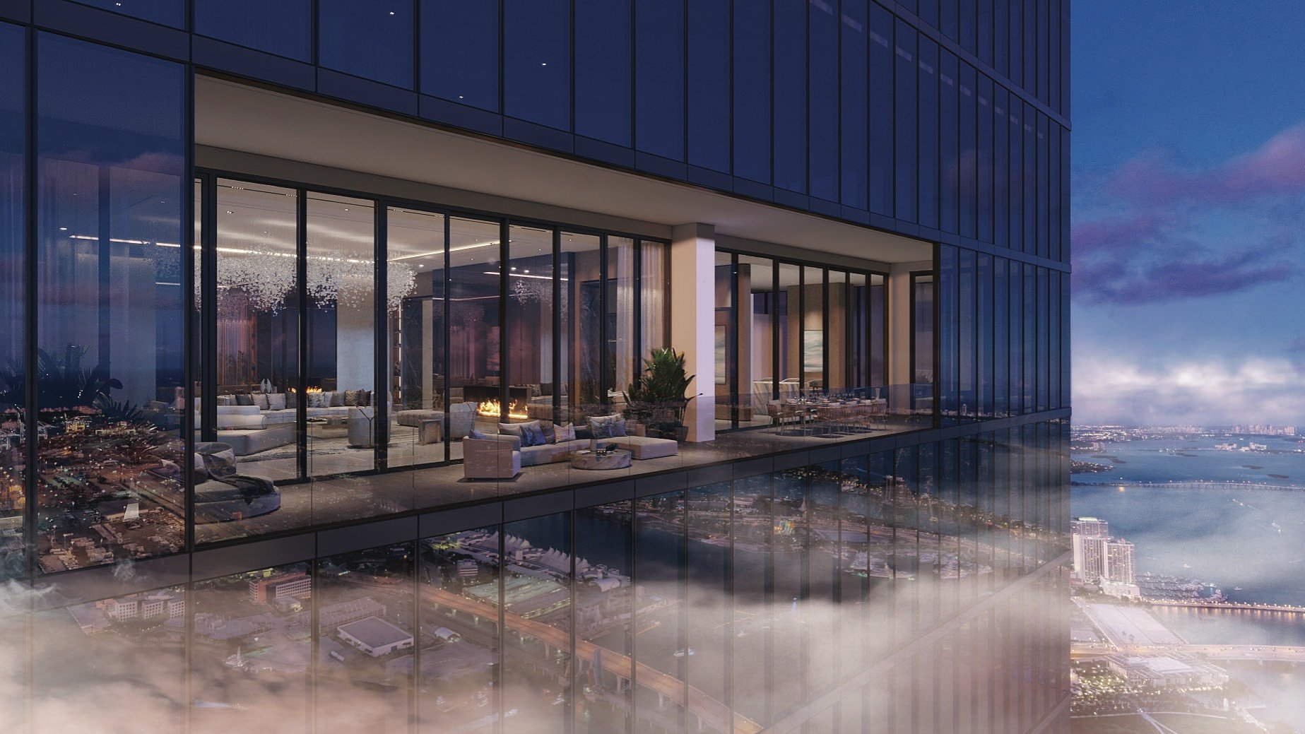Waldorf Astoria Residences Miami, Downtown sky‑high balcony night view of the skyline—luxury and ultra luxury condos; preconstruction.