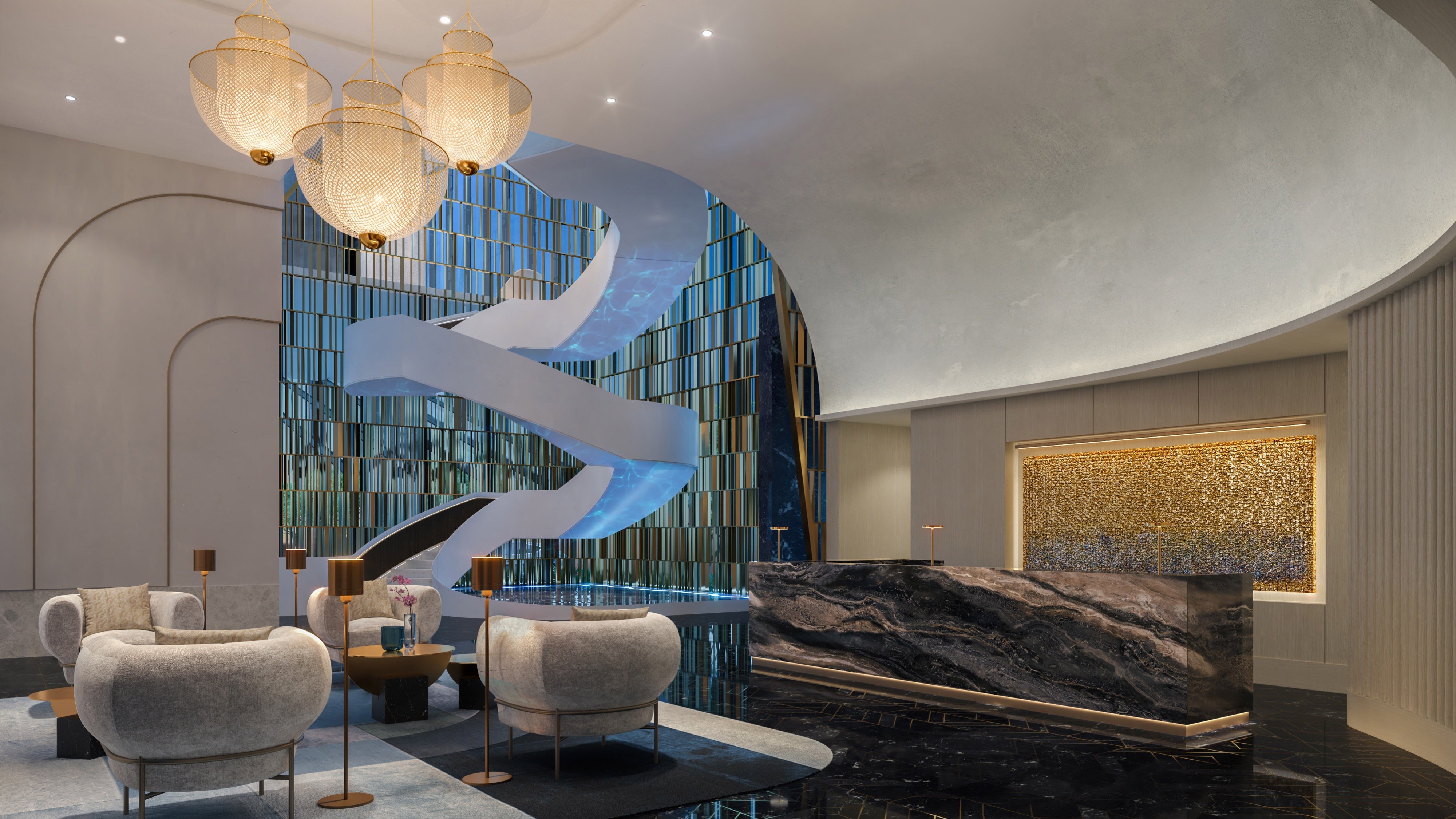Waldorf Astoria Residences Miami, Downtown grand lobby with artful lighting and marble, ultra luxury and luxury condos; preconstruction. Featuring modern, hotel, and interior design.