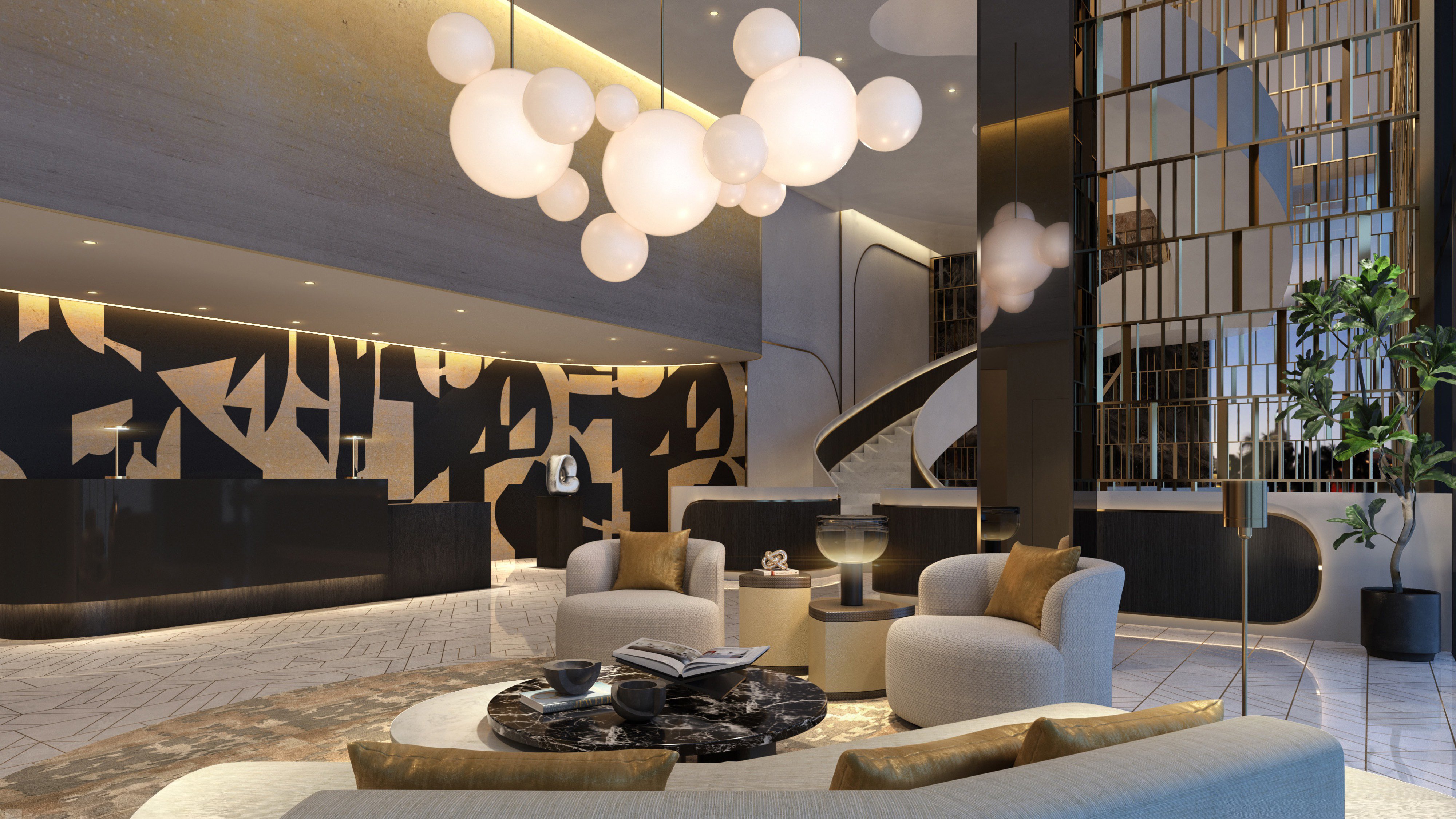 Waldorf Astoria Residences Miami, Downtown lobby lounge in warm neutrals and stone, luxury and ultra luxury condos; preconstruction. Featuring modern, hotel, and interior.