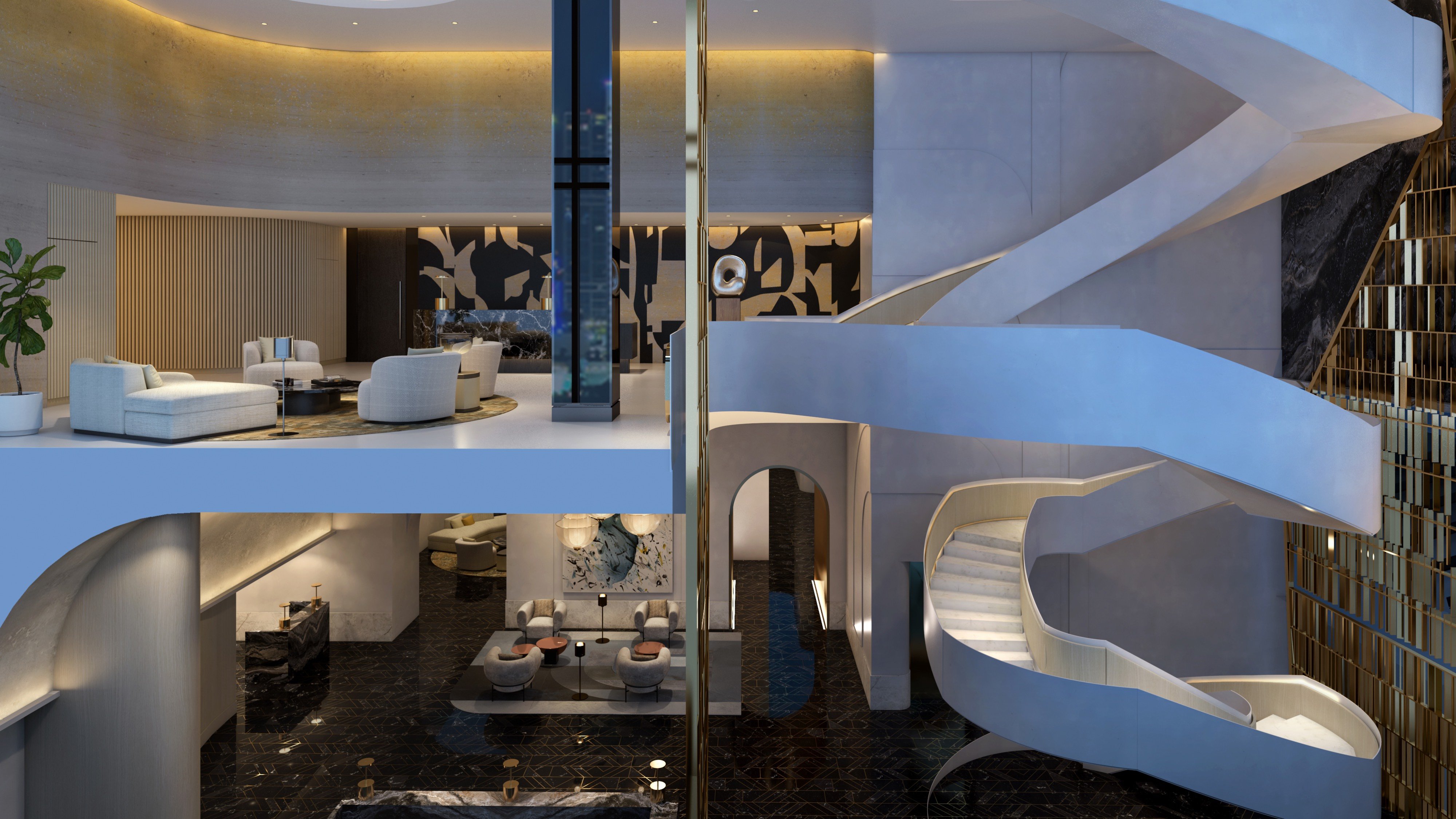 Waldorf Astoria Residences Miami, Downtown modern living area with designer furnishings and skyline, ultra luxury and luxury condos; preconstruction. Featuring interior and space.