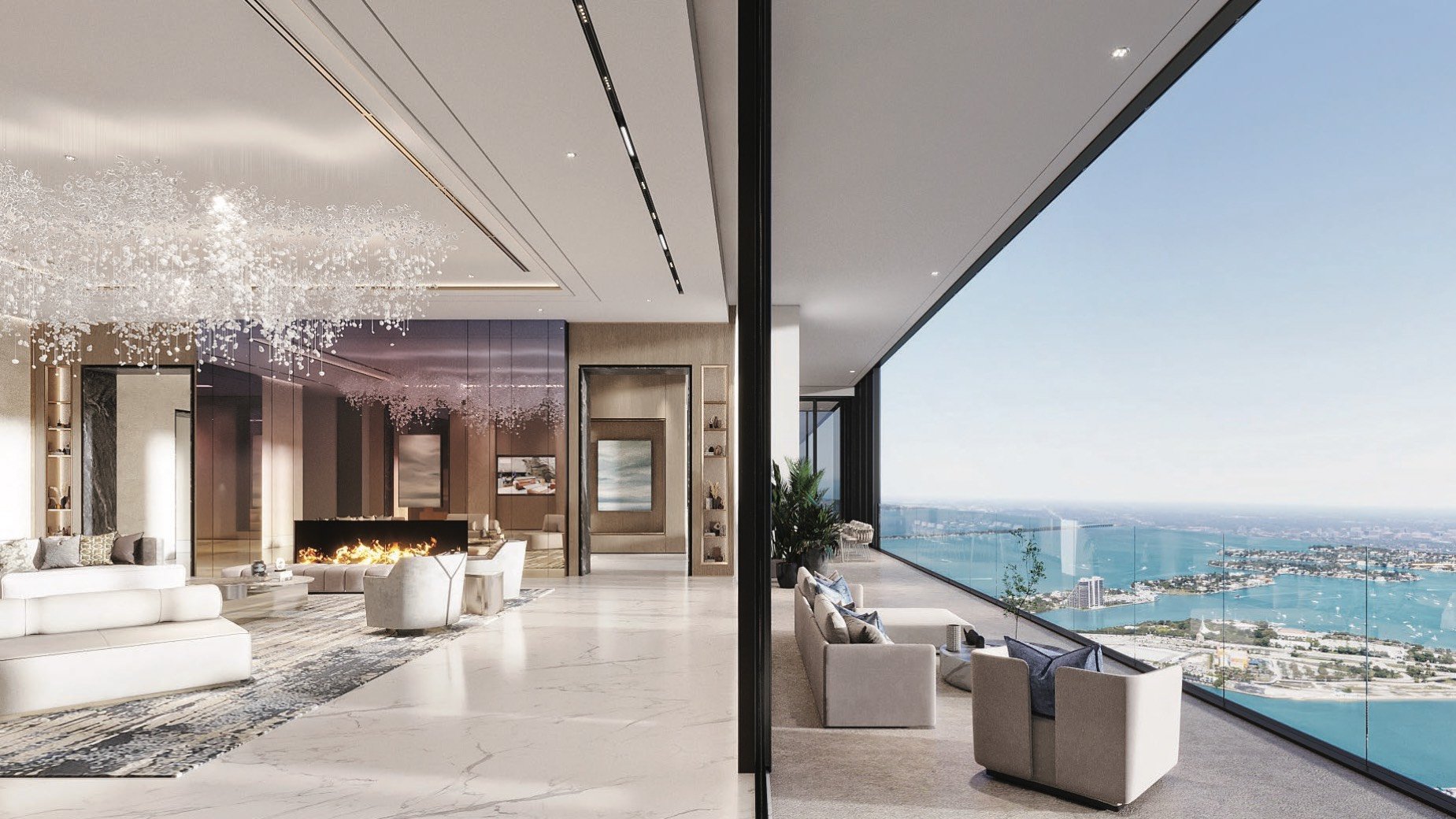 Waldorf Astoria Residences Miami, Downtown living room with waterfront view and terrace, luxury and ultra luxury condos; preconstruction. Featuring modern.