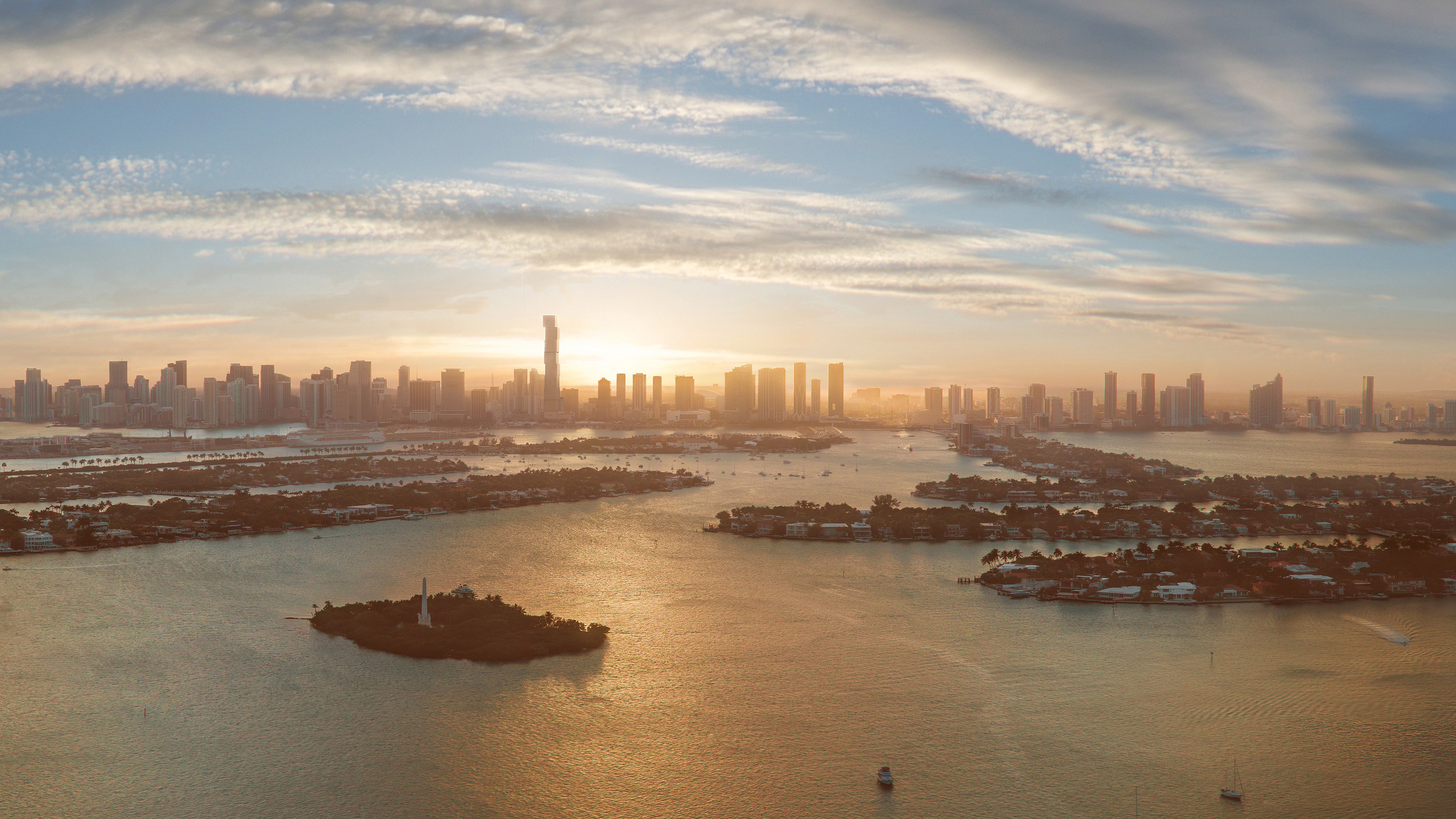 Waldorf Astoria Residences Miami, Downtown sunset cityscape of Miami and Biscayne Bay—flagship tower for luxury and ultra luxury condos; preconstruction.