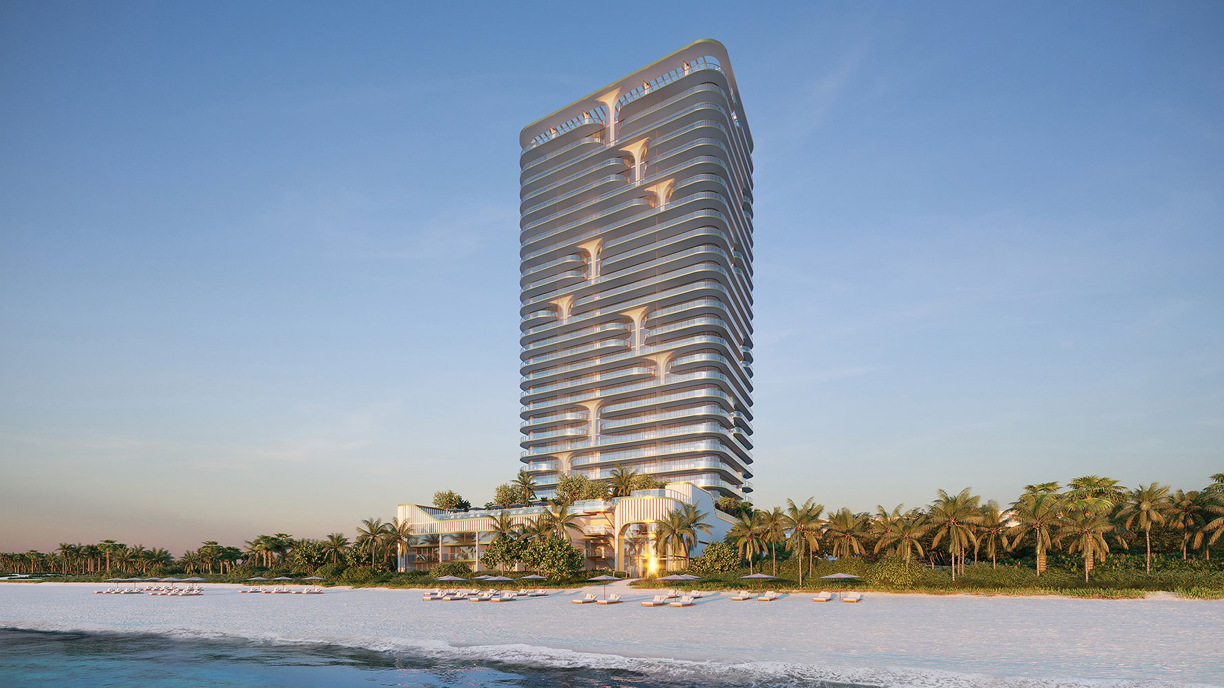 Waldorf Astoria Residences Pompano Beach beachfront modern architecture rising over the Atlantic, luxury and ultra luxury condos; preconstruction.
