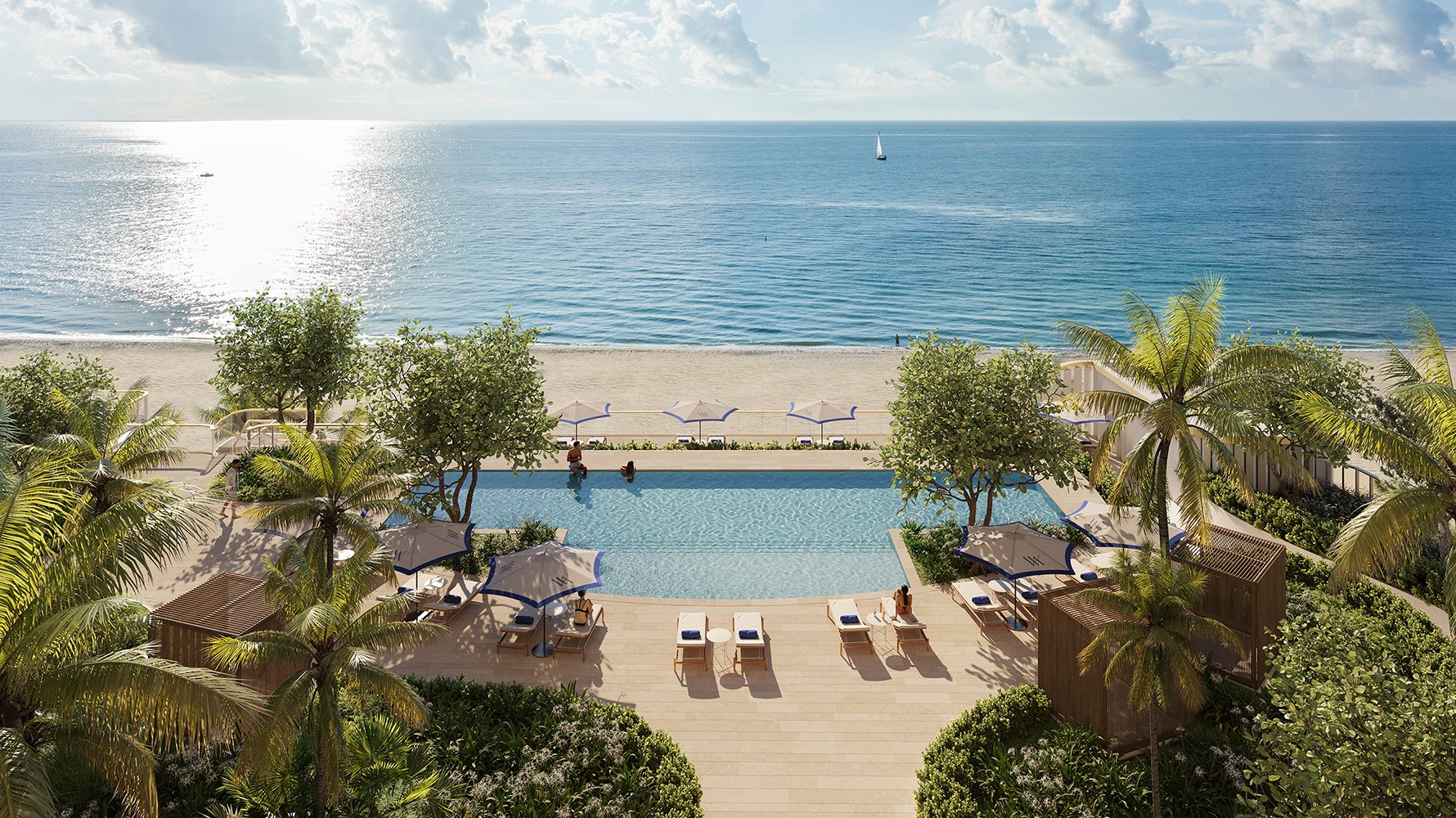 Waldorf Astoria Residences Pompano Beach resort pool with direct ocean view—luxury and ultra luxury condos; preconstruction