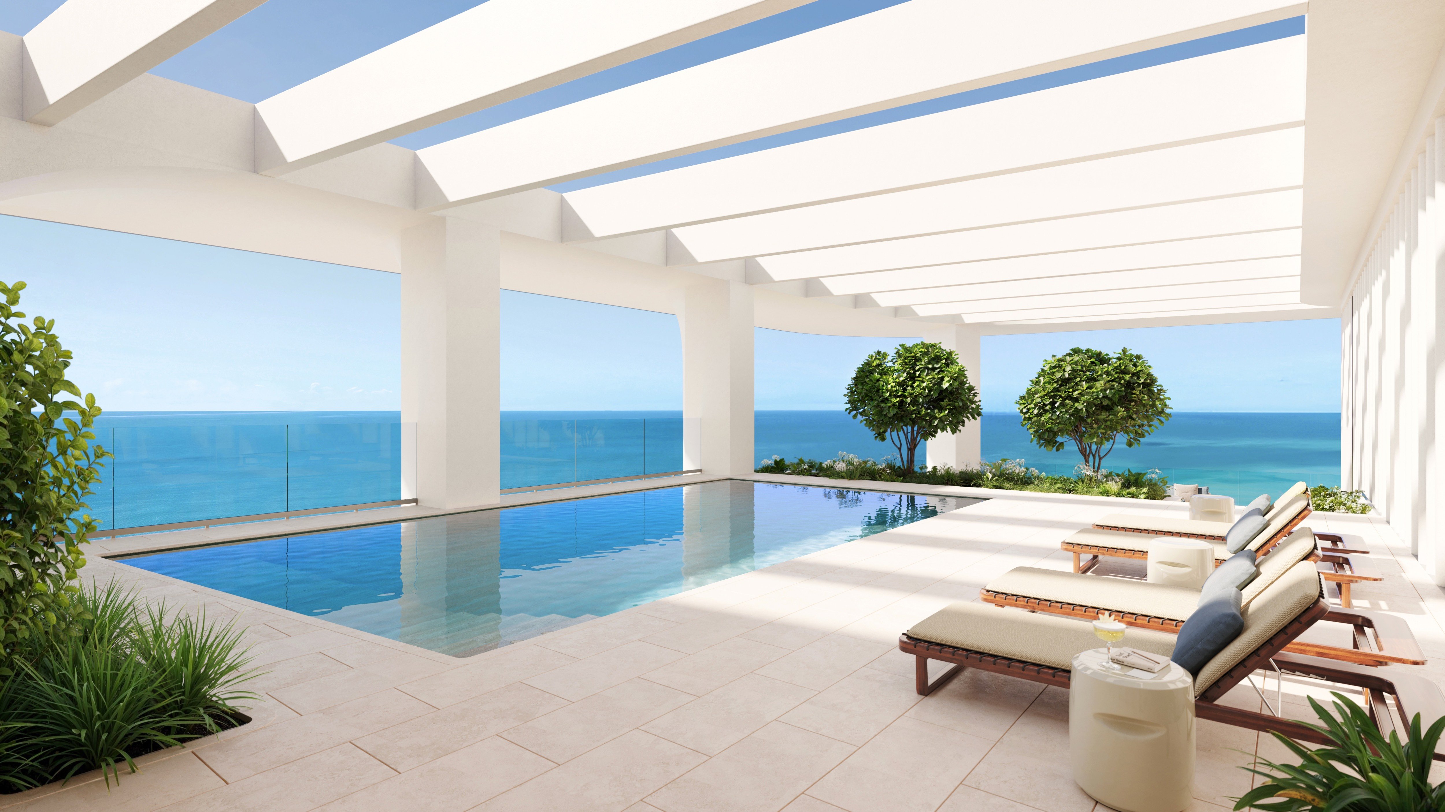 Waldorf Astoria Residences Pompano Beach poolside terrace with ocean horizon, resort lifestyle in luxury and ultra luxury condos; preconstruction. Featuring view.