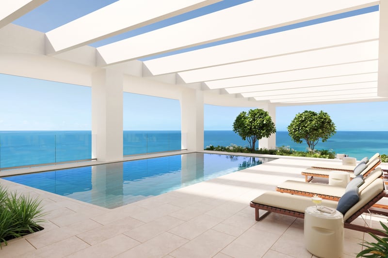 Waldorf Astoria Residences Pompano Beach poolside terrace with ocean horizon, resort lifestyle in luxury and ultra luxury condos; preconstruction. Featuring view.
