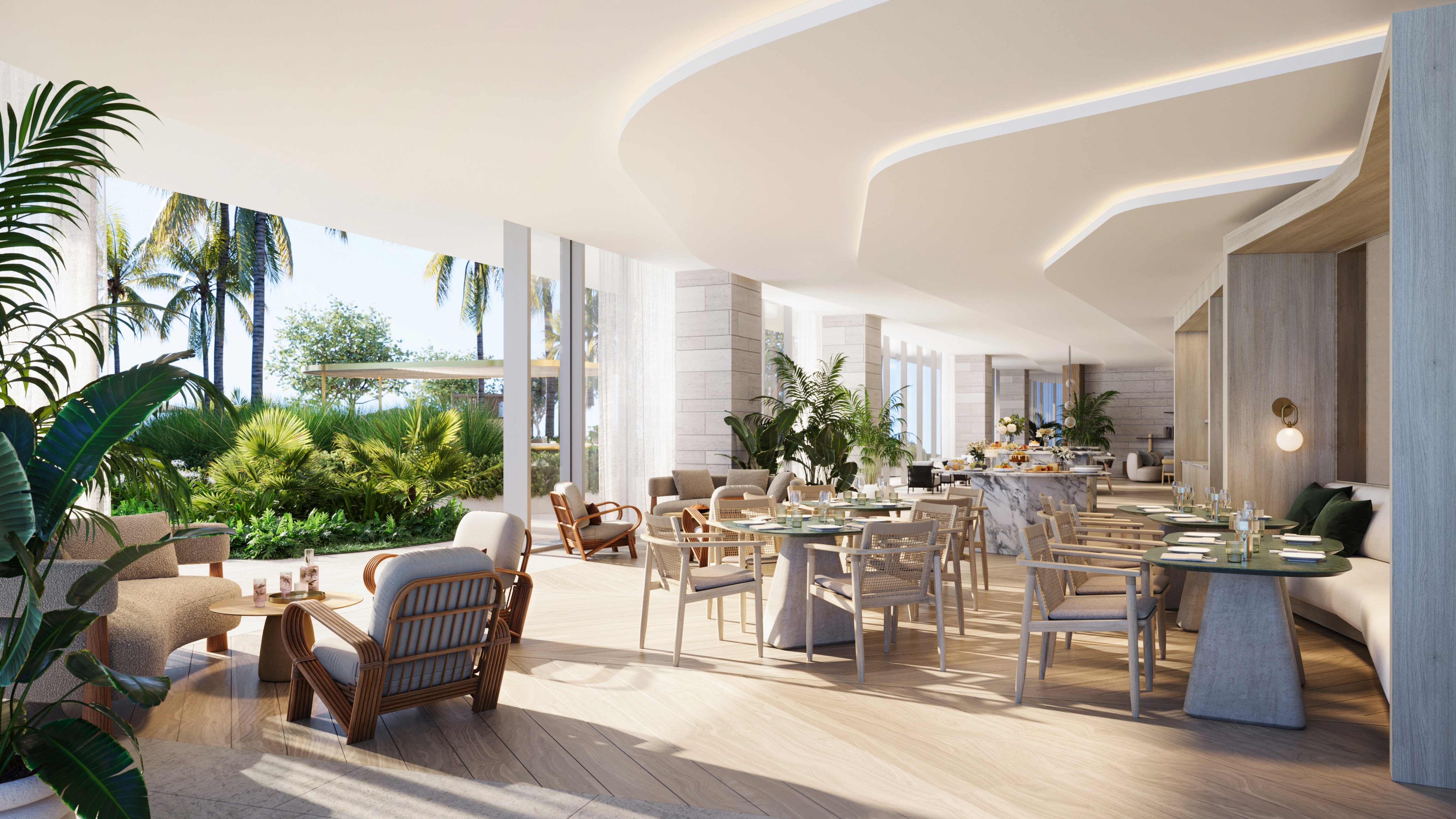 Waldorf Astoria Residences Pompano Beach restaurant interior facing tropical greenery, chef‑driven amenity for luxury and ultra luxury condos; preconstruction. Featuring view.