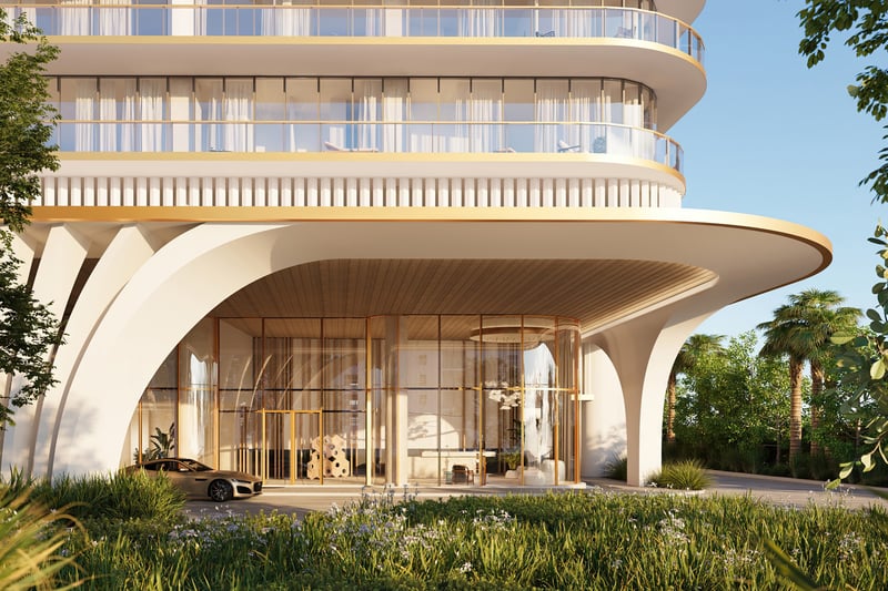 Waldorf Astoria Residences Pompano Beach, Florida grand architectural entrance with valet and palms, signature arrival for luxury and ultra luxury condos; preconstruction. Featuring modern.