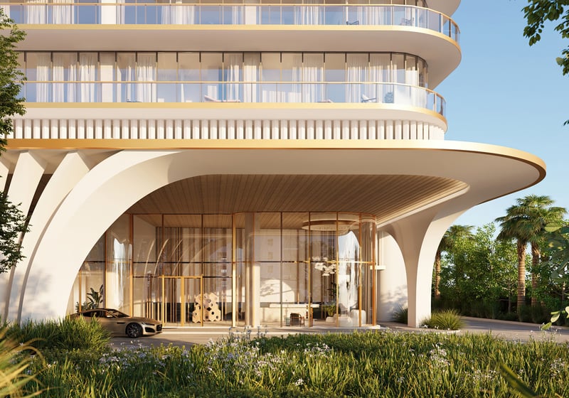 Waldorf Astoria Residences Pompano Beach, Florida grand architectural entrance with valet and palms, signature arrival for luxury and ultra luxury condos; preconstruction. Featuring modern.