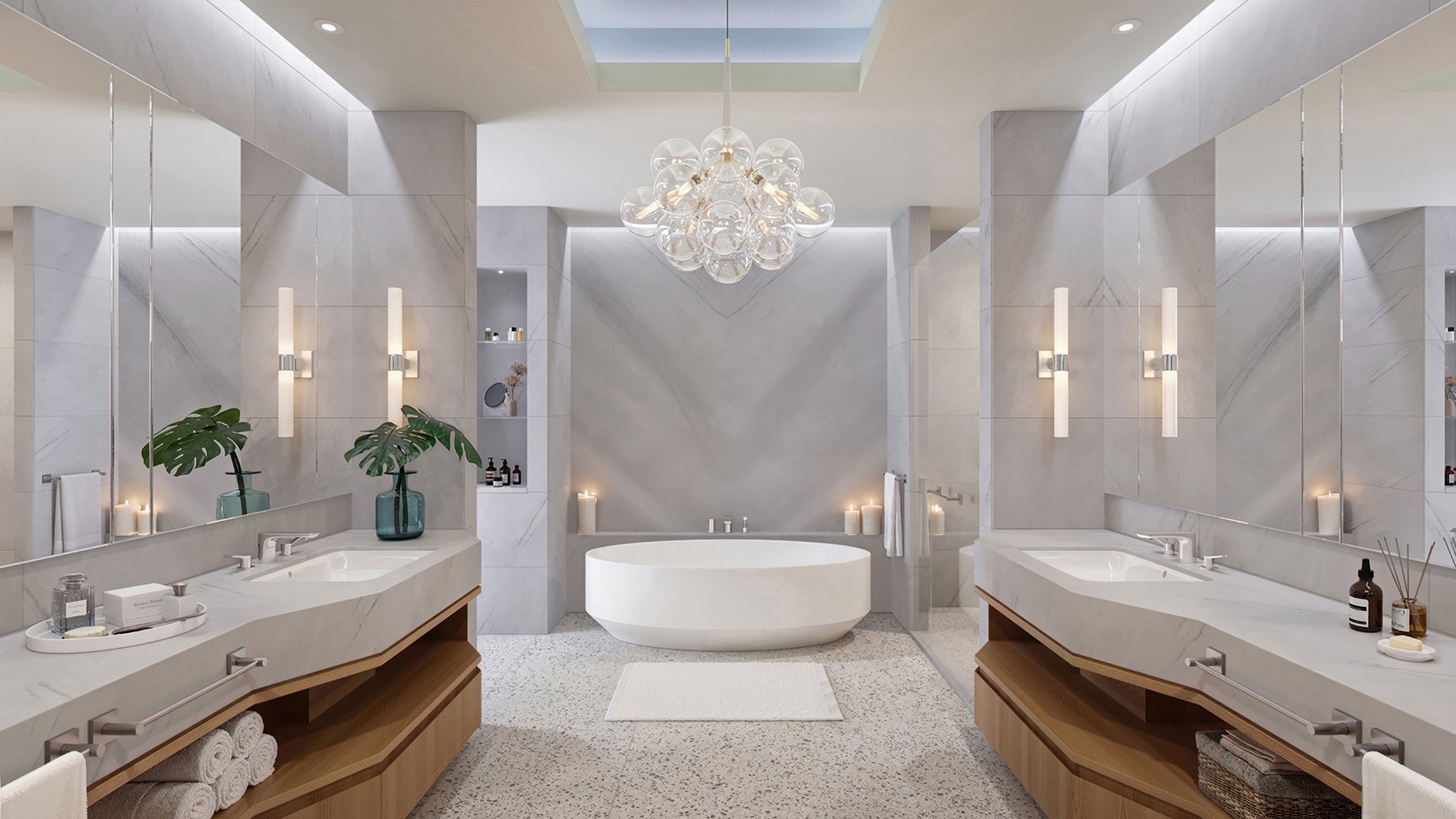 Waldorf Astoria Residences Pompano Beach spa‑grade bathroom in stone and glass, ocean hues reflected, elevated finishes for luxury and ultra luxury condos; preconstruction. Featuring modern interior design.