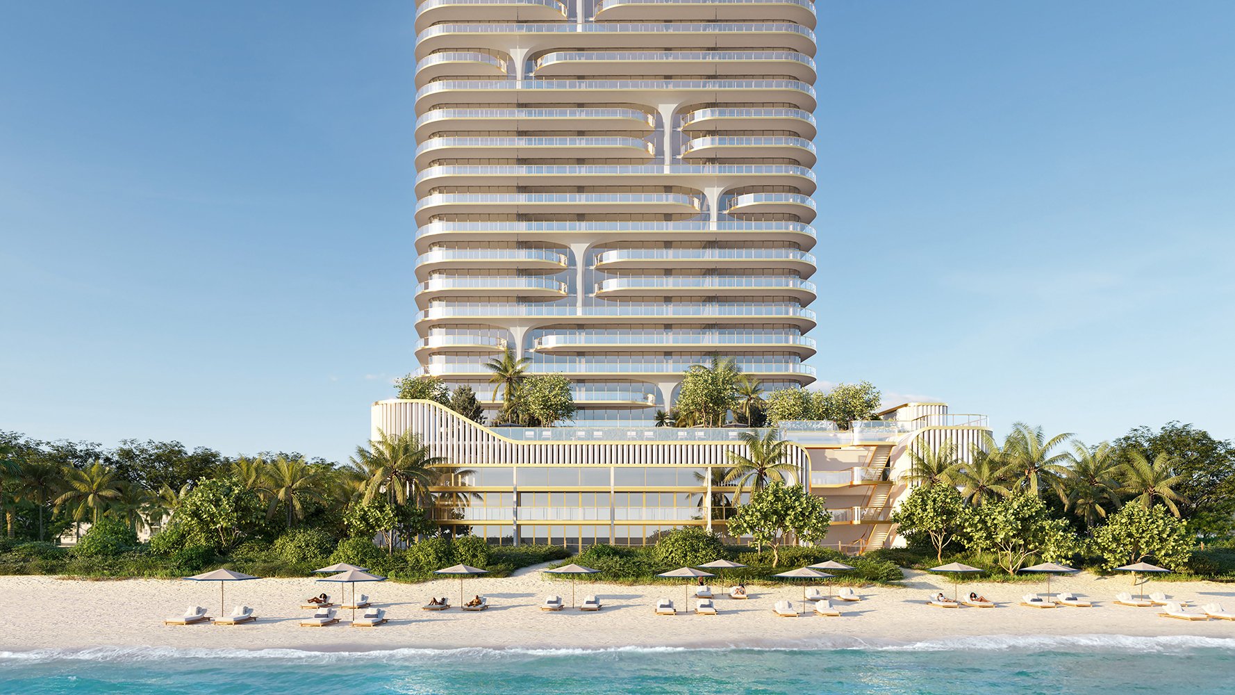Waldorf Astoria Residences Pompano Beach oceanfront condominium architecture rising over the Atlantic, iconic address of luxury and ultra luxury condos; preconstruction. Featuring modern and beachfront.