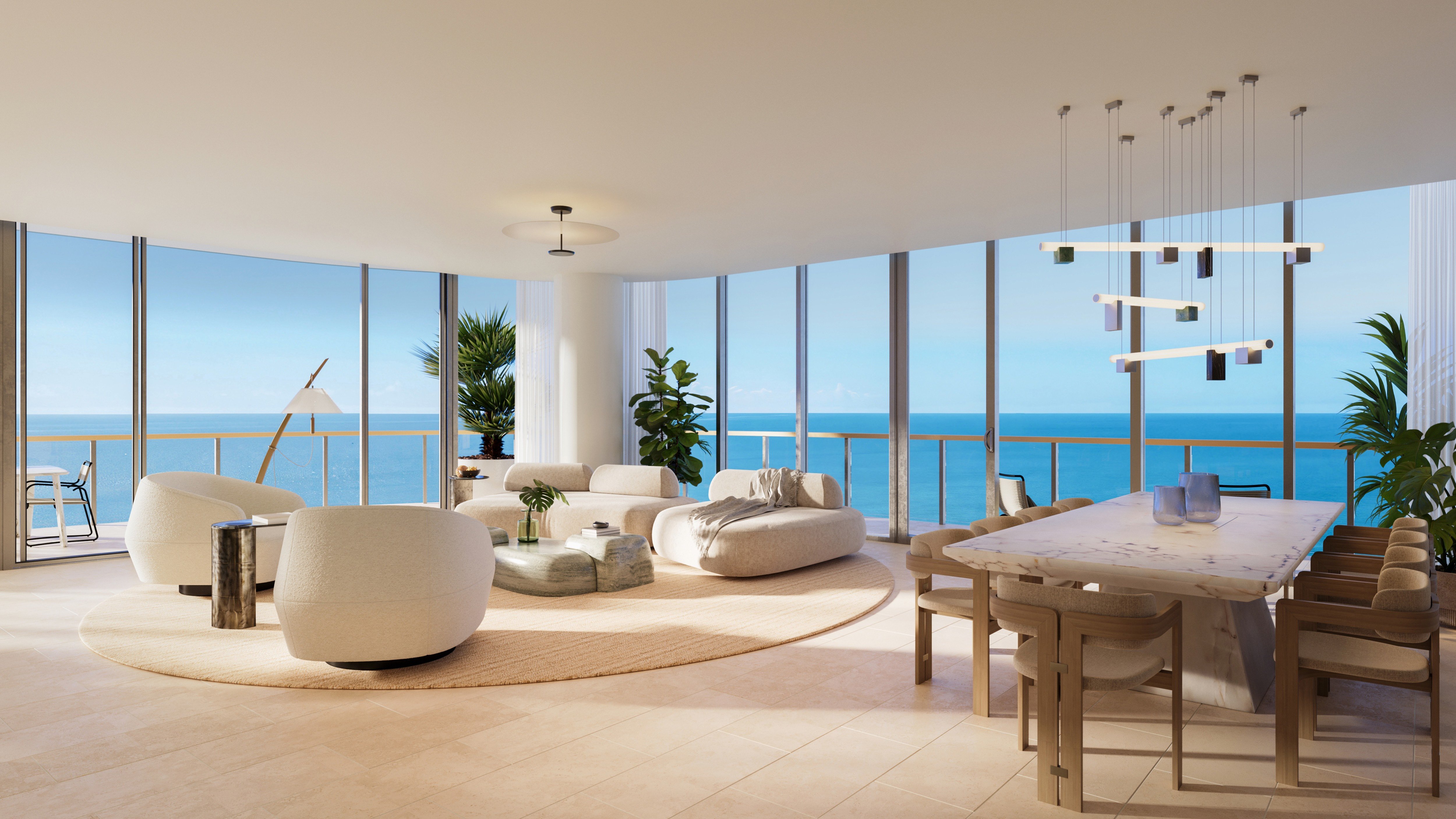 Waldorf Astoria Residences Pompano Beach modern coastal living room with natural textures and bay light, refined interiors in luxury and ultra luxury condos; preconstruction.