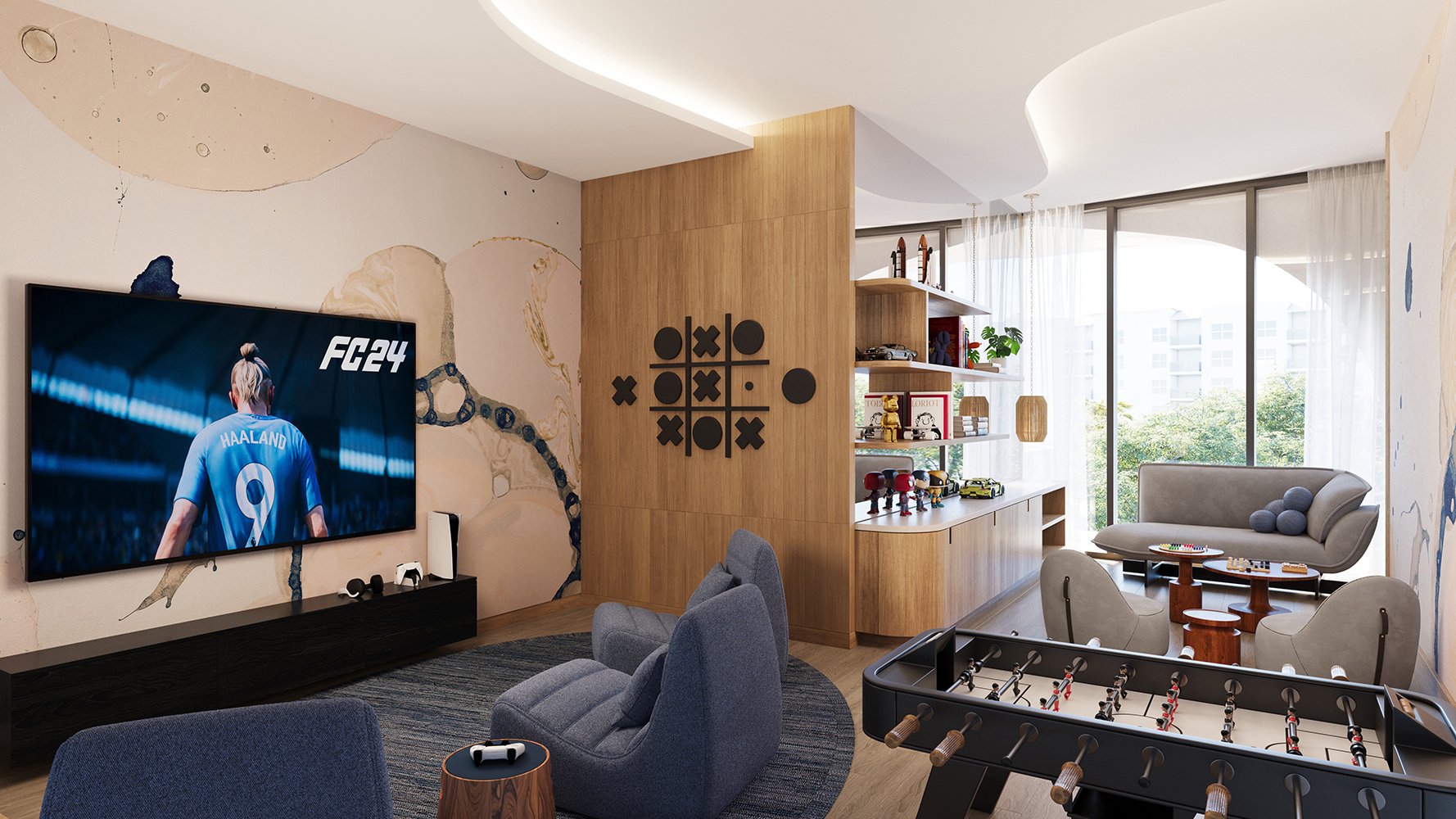 Waldorf Astoria Residences Pompano Beach game room interior with lounges and tables, social amenity serving luxury and ultra luxury condos; preconstruction. Featuring modern.