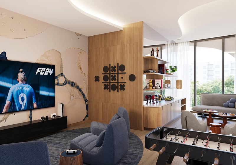 Waldorf Astoria Residences Pompano Beach game room interior with lounges and tables, social amenity serving luxury and ultra luxury condos; preconstruction. Featuring modern.