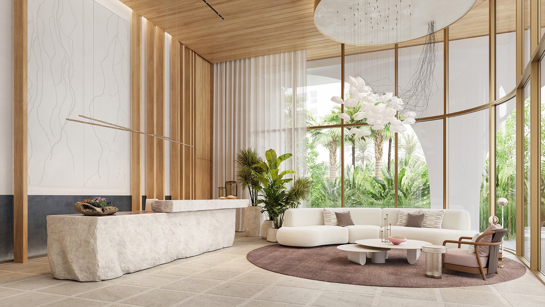 Waldorf Astoria Residences Pompano Beach contemporary living room design, artful lighting and coastal palette, elegant lifestyle in luxury and ultra luxury condos; preconstruction. Featuring modern interior.