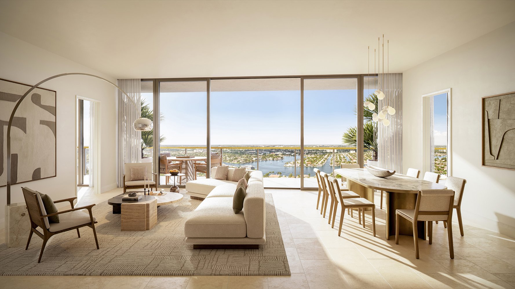 Waldorf Astoria Residences Pompano Beach living area with tranquil water view and bespoke furnishings, quiet luxury in ultra luxury condos; preconstruction. Featuring modern and room.