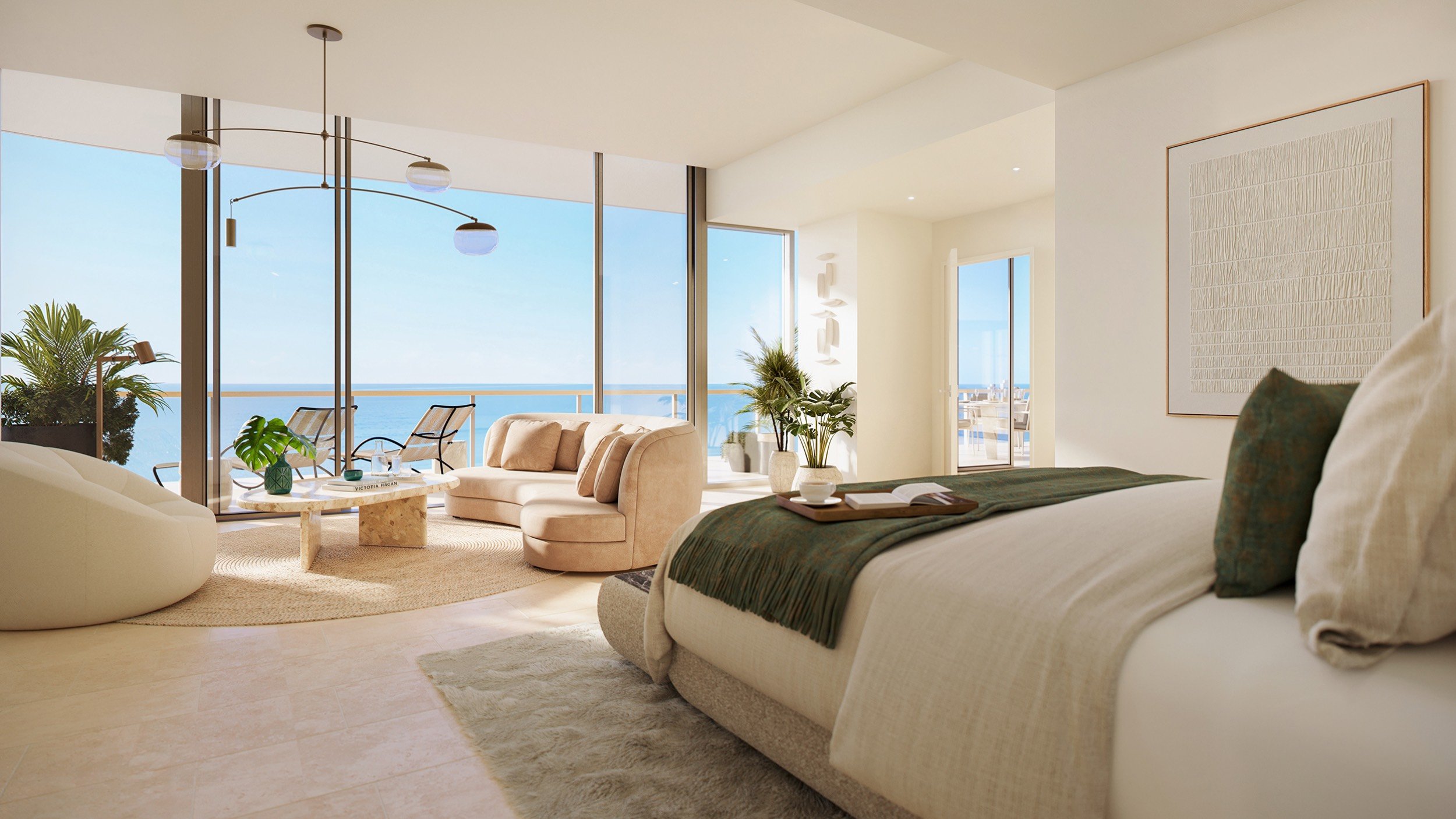 Waldorf Astoria Residences Pompano Beach ocean‑view bedroom interior, soft linens and sunrise aspect, restful suite in luxury and ultra luxury condos; preconstruction. Featuring modern.