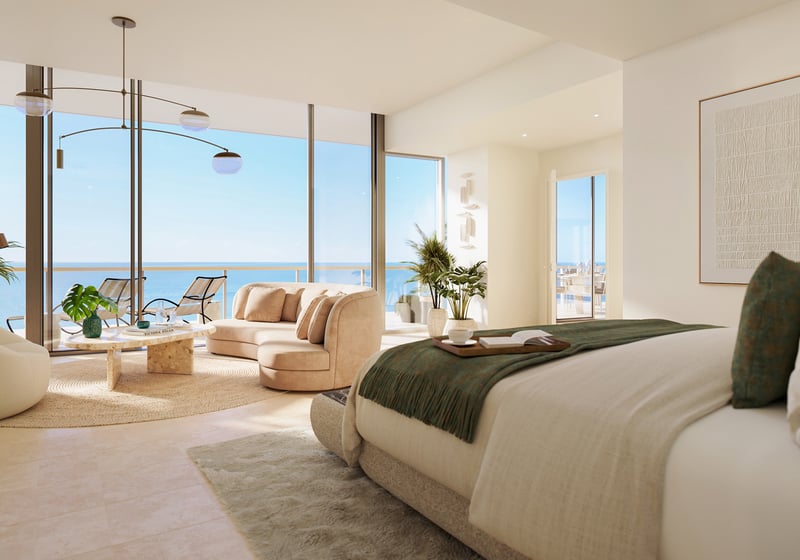Waldorf Astoria Residences Pompano Beach ocean‑view bedroom interior, soft linens and sunrise aspect, restful suite in luxury and ultra luxury condos; preconstruction. Featuring modern.