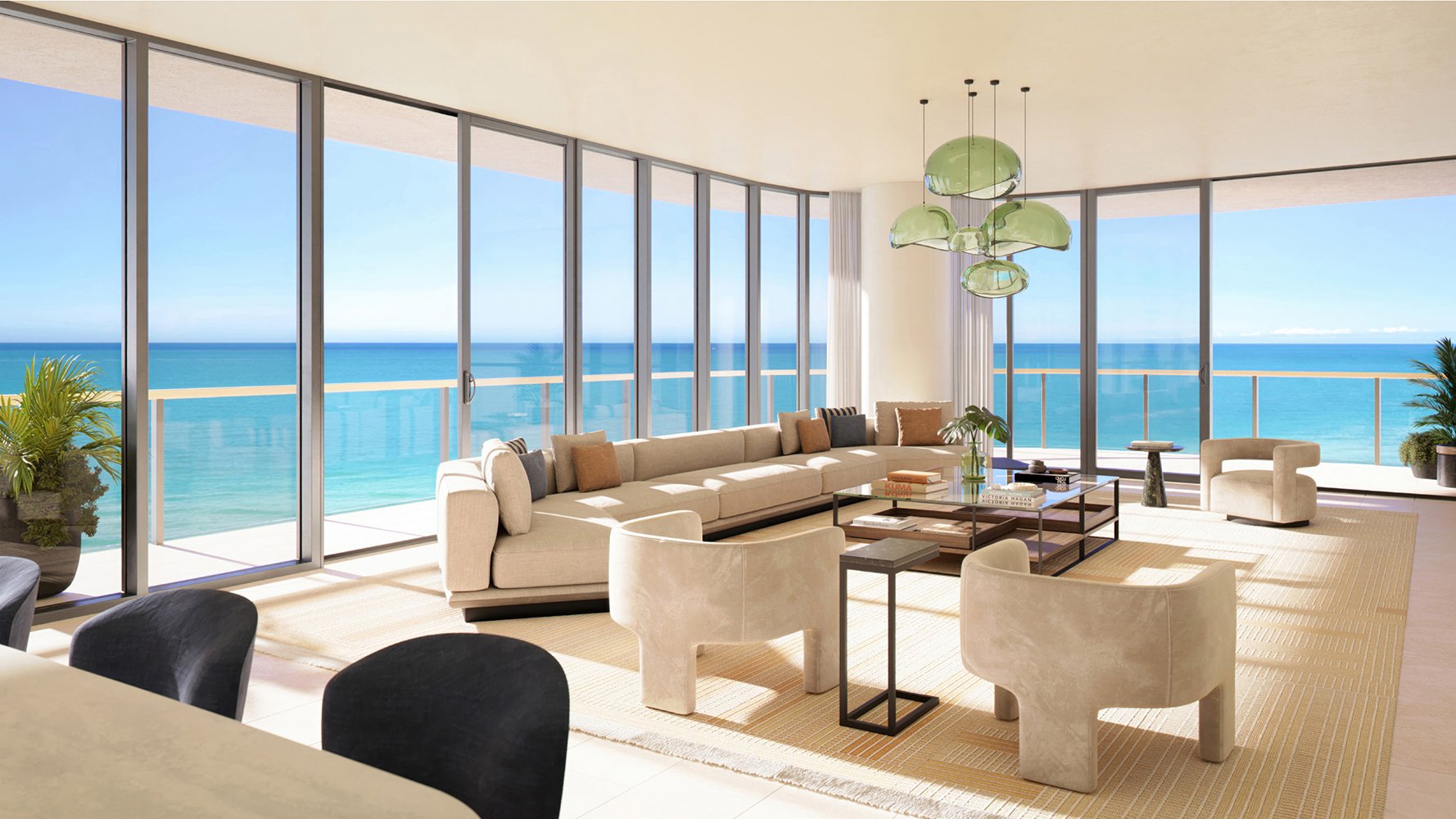Waldorf Astoria Residences Pompano Beach ocean‑view living room, curved sofa and glass walls. Broward coastline lifestyle in luxury and ultra luxury condos; preconstruction. Featuring modern.
