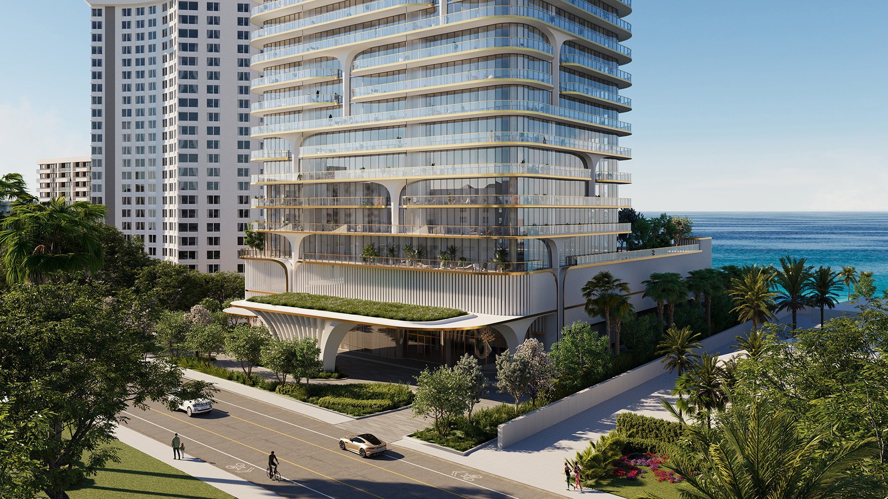 Waldorf Astoria Residences Pompano Beach modern oceanfront building architecture with tiered terraces, landmark for luxury and ultra luxury condos; preconstruction.