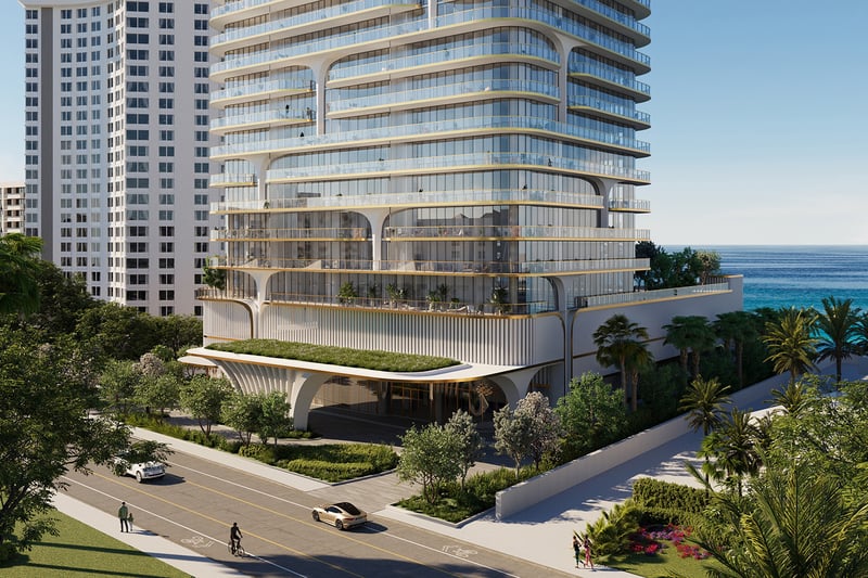 Waldorf Astoria Residences Pompano Beach modern oceanfront building architecture with tiered terraces, landmark for luxury and ultra luxury condos; preconstruction.