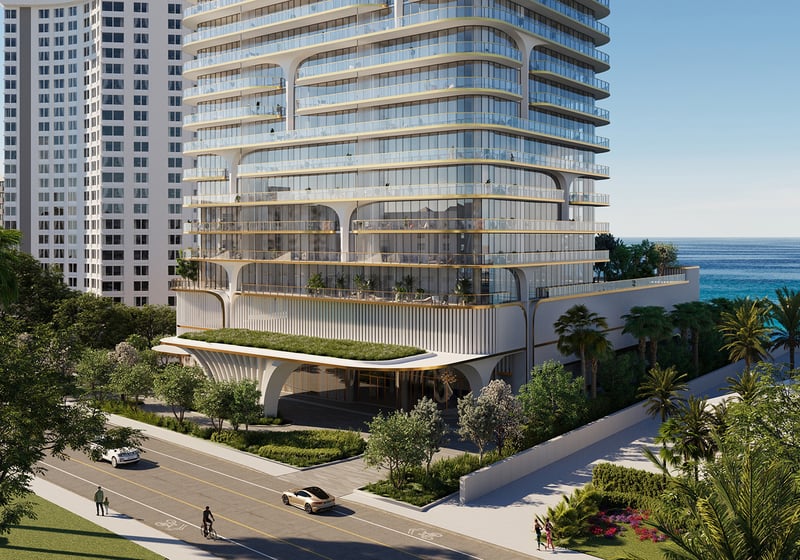 Waldorf Astoria Residences Pompano Beach modern oceanfront building architecture with tiered terraces, landmark for luxury and ultra luxury condos; preconstruction.