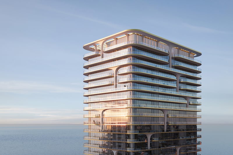 Waldorf Astoria Residences Pompano Beach oceanfront tower poised on the sand, sculpted façade, premier address of luxury and ultra luxury condos; preconstruction. Featuring modern and building.