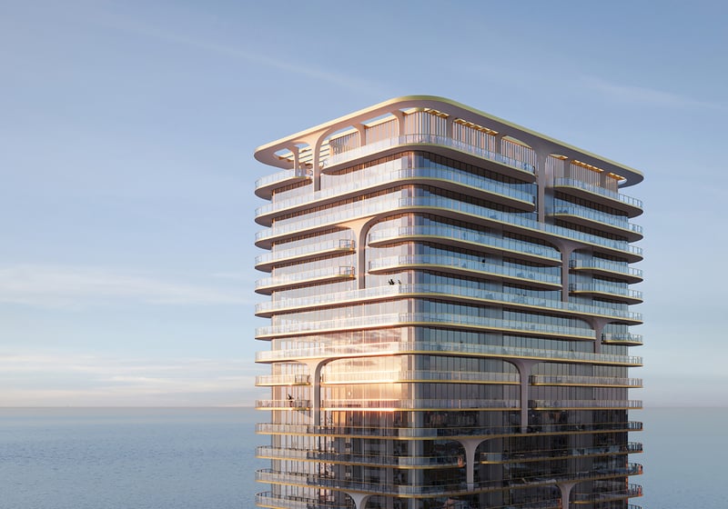 Waldorf Astoria Residences Pompano Beach oceanfront tower poised on the sand, sculpted façade, premier address of luxury and ultra luxury condos; preconstruction. Featuring modern and building.