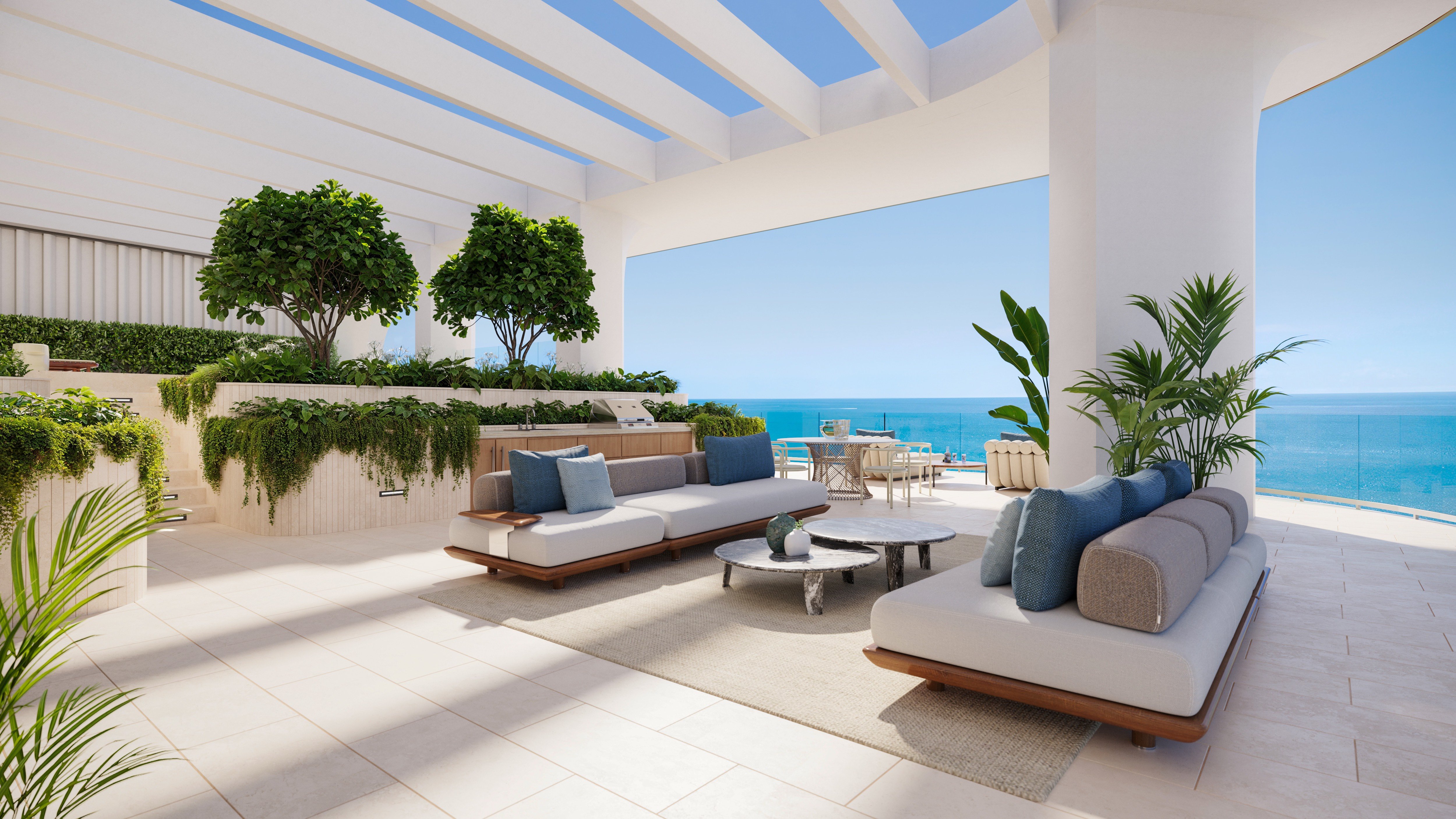 Waldorf Astoria Residences Pompano Beach outdoor living lounge with sea view, shaded seating and planters, resort comfort for luxury and ultra luxury condos; preconstruction. Featuring modern.