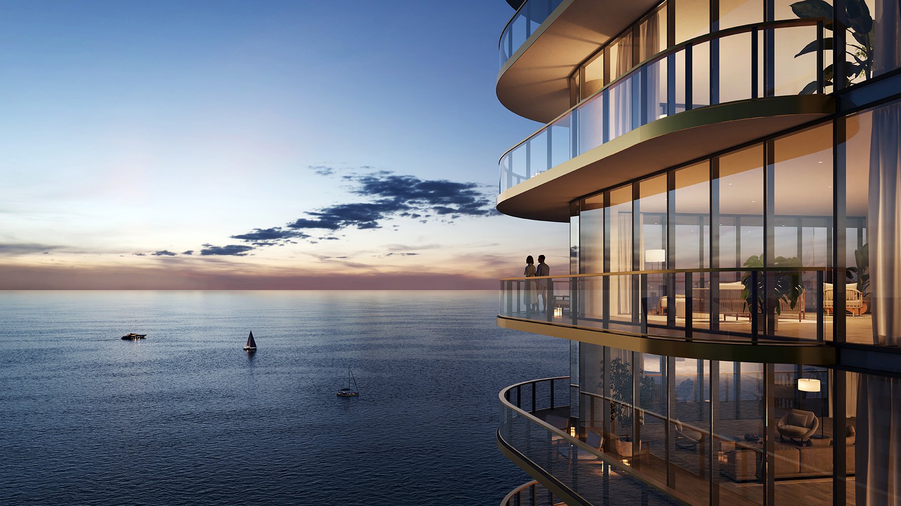 Waldorf Astoria Residences Pompano Beach balcony at sunset, glass railings over turquoise water, romantic outlook from luxury and ultra luxury condos; preconstruction. Featuring oceanview.