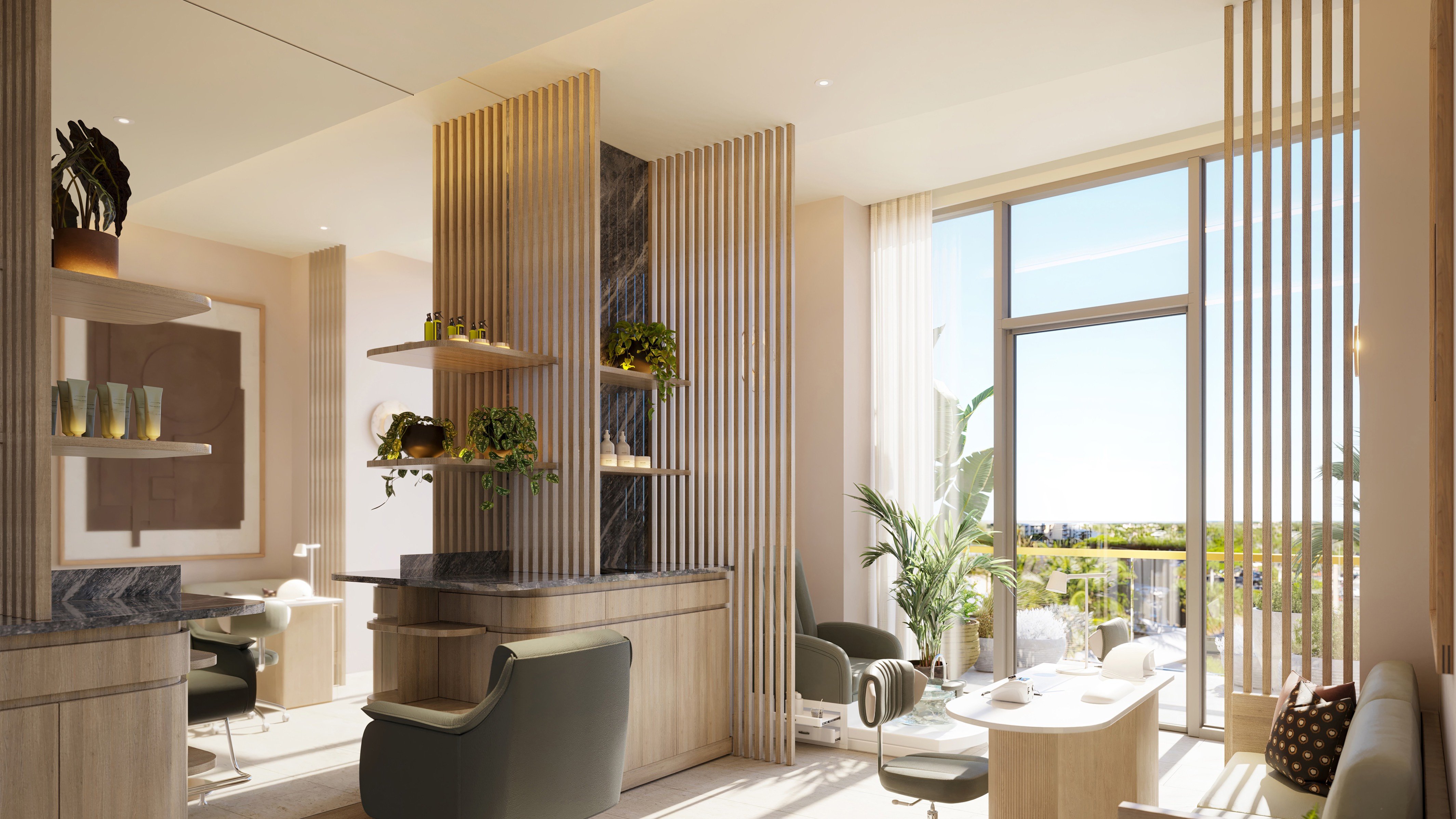 Waldorf Astoria Residences Pompano Beach spa interior with natural light, warm wood and stone, holistic retreat serving luxury and ultra luxury condos; preconstruction. Featuring modern design.