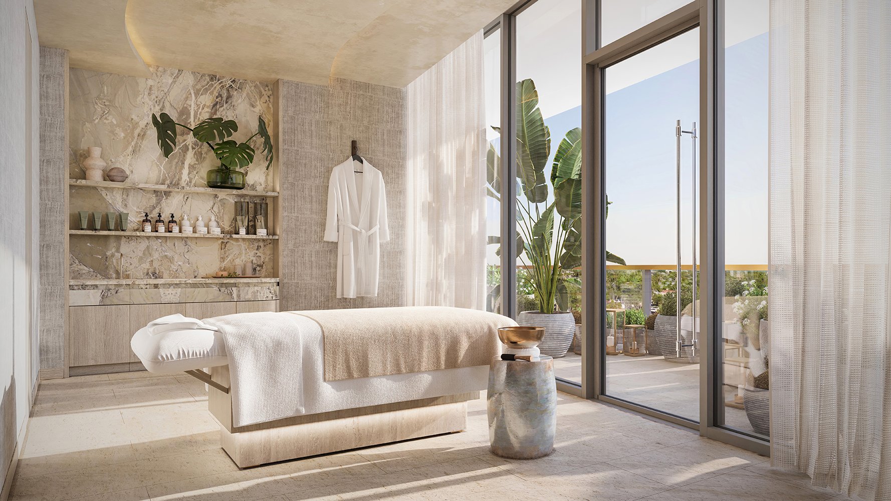 Waldorf Astoria Residences Pompano Beach treatment room interior, serene tones and soft lighting, wellness amenity for luxury and ultra luxury condos; preconstruction. Featuring spa.