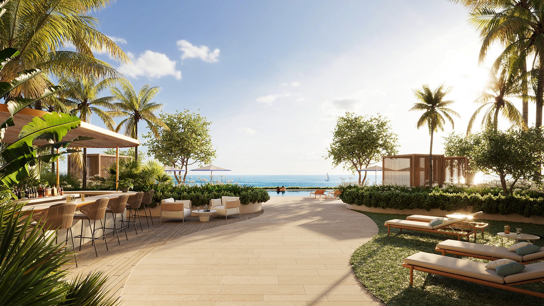 Waldorf Astoria Residences Pompano Beach tropical poolside with cabanas, palms and ocean breezes, resort deck for luxury and ultra luxury condos; preconstruction. Featuring retreat.